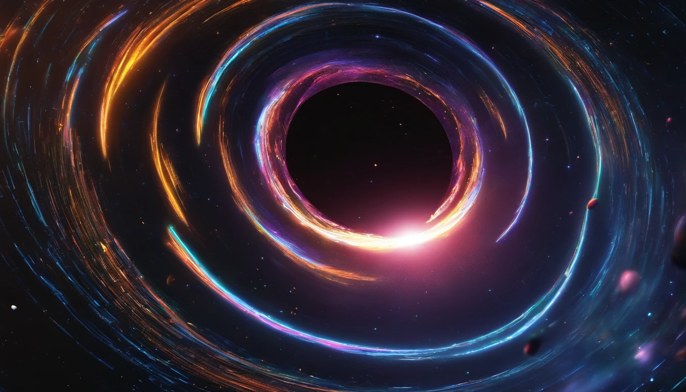 Create a realistic depiction of a black hole in deep space. Detail the colors, the gravitational distortion around it, and the lighting effects as objects are pulled toward the black hole. Try to convey the sense of a cosmic wonder and a truly awe-inspiring phenomenon