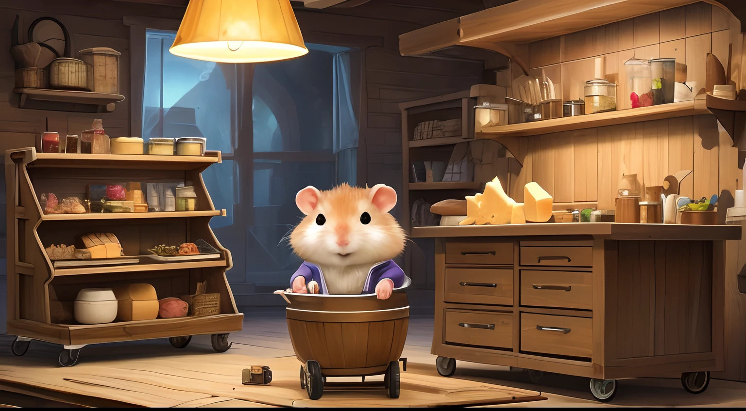 Create an image of a realistic hamster named Chika dressed in appropriate attire, working on a cheese-powered cart placed on a workbench. The scene should have a slightly comical puppet-show-like aesthetic with whimsical objects and a playful background that suggests a cartoonish underground laboratory setting. The hamster should be wearing a miniature tool belt and safety glasses, and the cheese cart should appear almost complete with exaggerated features like oversized wheels and a large cheese wedge for fuel. Include details like tools scattered around, blueprints pinned on the walls, and soft lantern light illuminating the space to enhance the playful, inventive atmosphere.