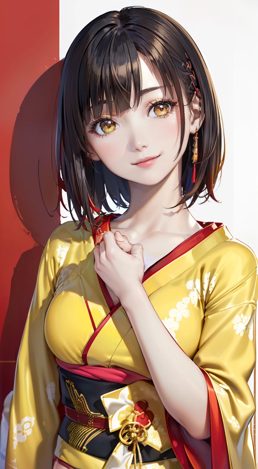 (top-quality, 8K, 32K, masterpiece, nffsw:1.2), (Raw photography), (realisitic), (Photorealsitic:1.2), (hight resolution), ultra-detailliert, extremely beautiful face and eyes, 1girl in, round small face,(((shorth hair)))、 (((short-hair)))、big breasts thin waist、(((yellow kimono)))、(((Short hair)))、((Yellow and red kimono))、(((White wall background)))、(bustshot)、(((Black hair)))、(((She wears a yellow and red kimono)))、(((I have dark hair)))、A smile、(a closeup、top-quality、high detailing、rich skin detail、nffsw)、(Best Quality, 8K, Oil Painting, masutepiece:1.2), Ultra-detailed, (Realistic, Photorealistic:1.37), (((Clothes with red design)))、(((Vibrant colors))), (((Facing the front)))、(((Sexy atmosphere)))、(((a 20 yo woman)))、(((short-hair)))、(((White background))), (((Happy smile)))、(((Girly Hairstyles)))、(((short-hair)))、(((In front of a white wall)))、(((A dark-haired)))、(((A smile)))、(((Smiled face)))、(((I am holding my mouth with my hand)))、(((A soothing atmosphere)))