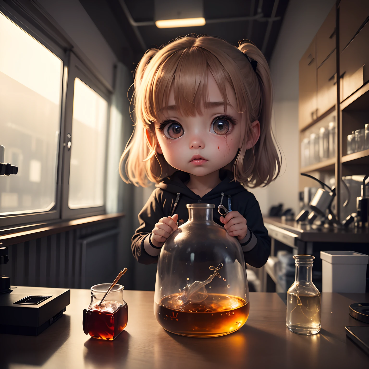 masterpiece、top-quality、ultra-detailliert、(Chibi Chara's Daughter:1.2)、Transparent creature with red blood, Observed in the laboratory by scientists,Illustration,Ultra-detailed,hight resolution,Realistic, Portraits, Vivid colors,Studio Lighting,Sharp Focus,Physically-based rendering,Creature Anatomy,scientific study, microscope, Blood sample, Laboratory Equipment, Intense gaze from scientists, Scientific appeal, Artistic depiction, Scientific exploration, contrasted colors, Soft light, dreary atmosphere, Intricate details, Detailed textures