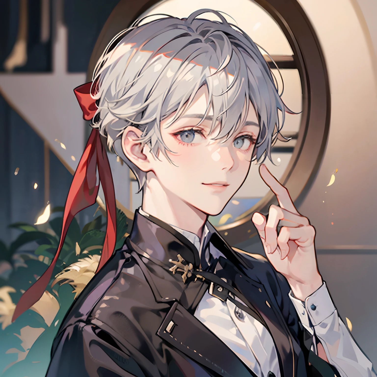1 Short Platinum Hair Mens，grey pupils，shyly smile，Wrapped in love，Look down，Ultra Clear HD Half Body，Rich in detail，masutepiece。、Christmas、Asia Youth、Male prostitutes