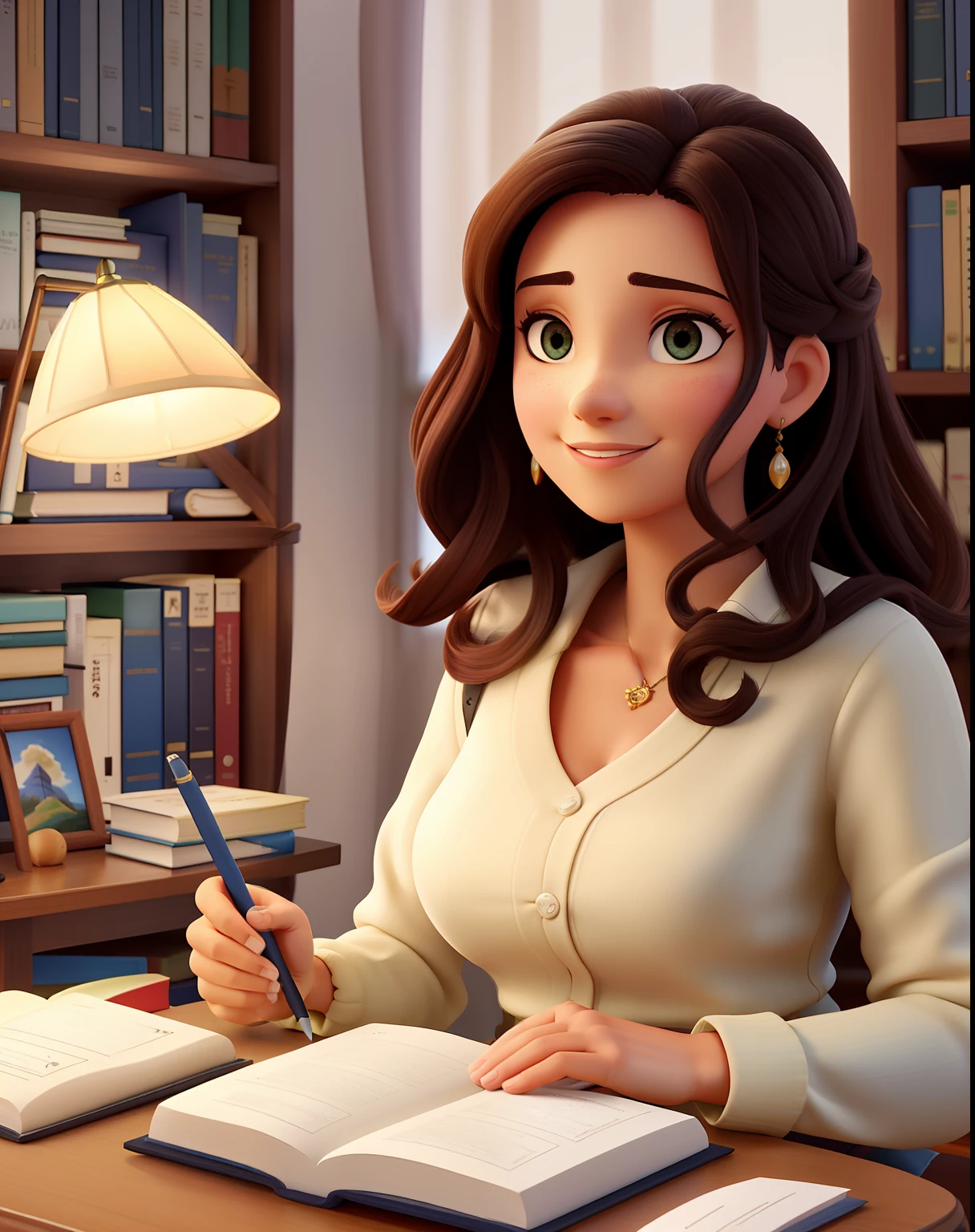 Uma mulher branca, magra, fine strokes, com franjinha, cabelo grande liso e castanho, olhos castanhos, parada na frente, usando roupa elegante, segurando o livro orgulho e preconceito, illuminated by the light of a lamp, contra o pano de fundo de uma biblioteca, alta qualidade