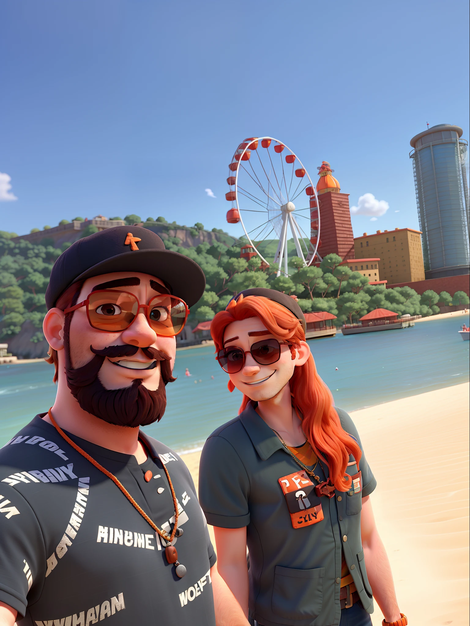 A couple in love, a man with a beard all over his face and a hat wearing sunglasses and a red-haired woman with orange hair wearing sunglasses on a beach and in the background a ferris wheel