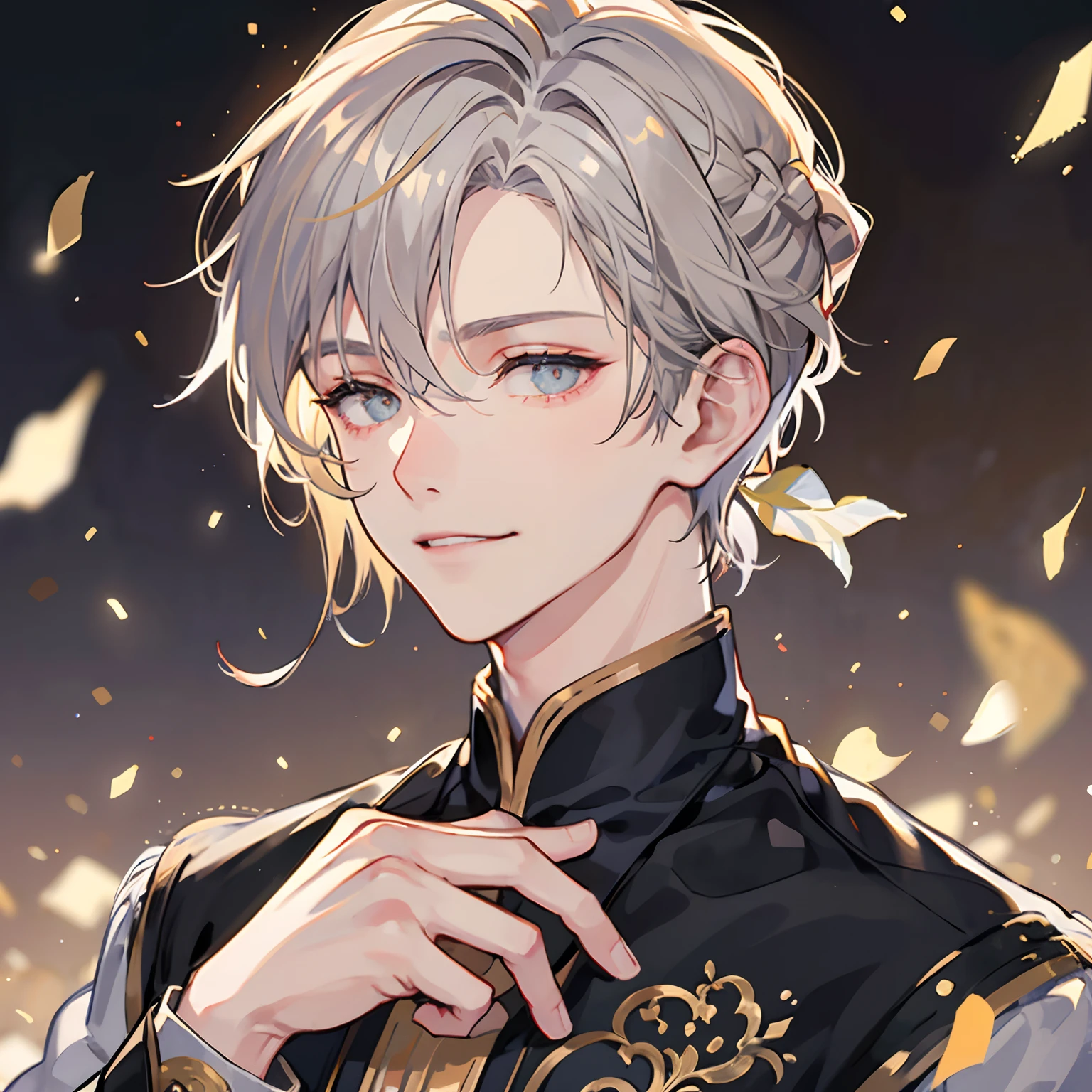 1 Short Platinum Gold Hair Men,grey pupils,shyly smile,Wrapped in love,Look down,Ultra Clear HD Half Body,Rich in detail,masutepiece。、Christmas、Asia Youth、One male prostitute