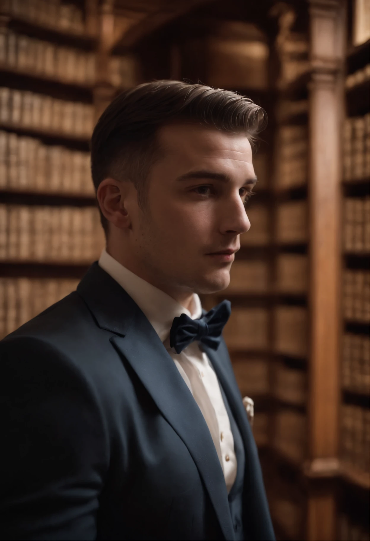 Jovem homem elegante em estilo sartorial, bespoke italiano. Standing in a wooden library