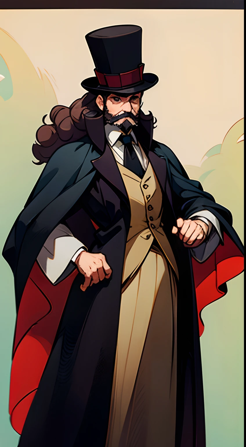 A man with a curly beard, In a top hat and a cloak, stands upright, is looking at the camera