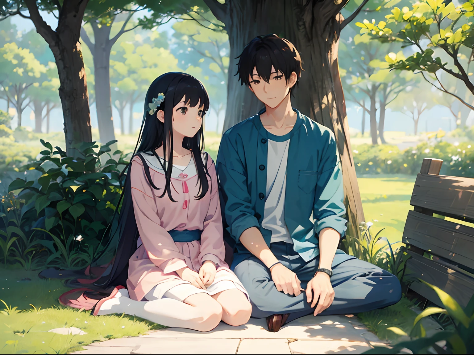 An anime illustration of a Korean couple, reminiscent of Studio Ghibli's art, shows them sitting together in a peaceful moment. Soft pastel color palette, loving expressions, gentle lighting, and a serene atmosphere.