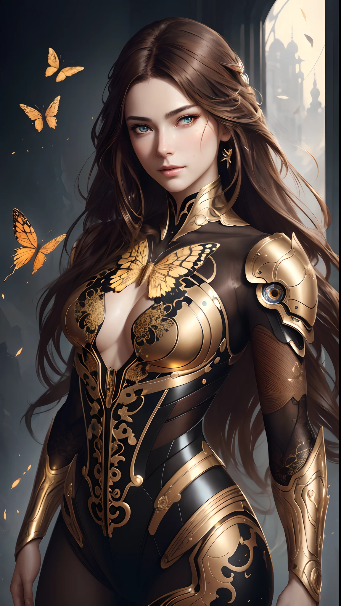 8k portrait of beautiful cyborg with brown hair, intricate, elegant, highly detailed, majestic, digital photography, art by artgerm and ruan jia and greg rutkowski surreal painting gold butterfly filigree, broken glass, (masterpiece, sidelighting, finely detailed beautiful eyes: 1.2), hdr,