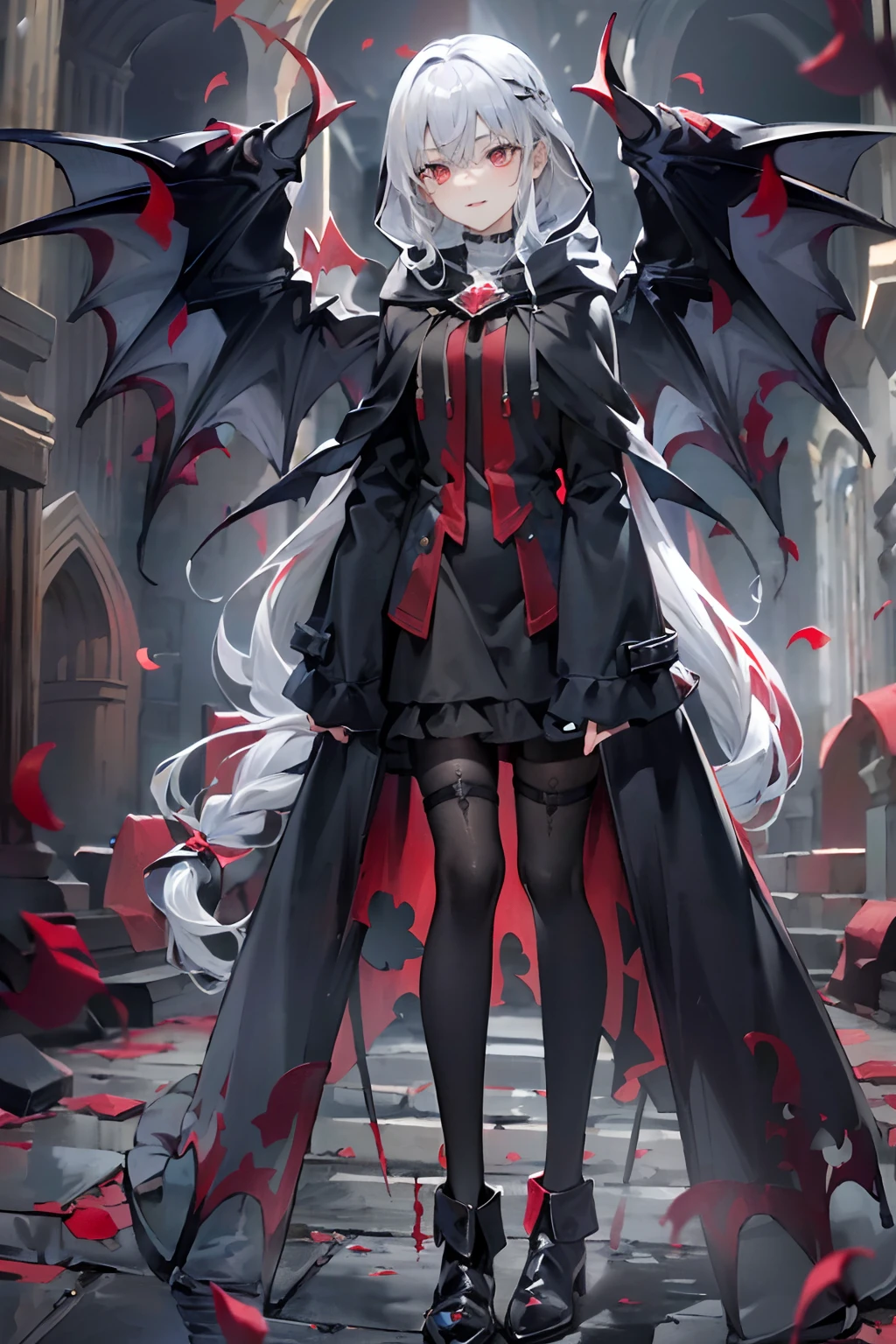 Masterpiece:1.4, Best_quality:1.4, (very large eyes:1.2), (Very long silver hair:1.4), Very long hair, a beauty girl, Red eyes, (Small breasts:1.3), Star eyes, Shiny eyes, Mean smile, Perfect details, Black heels, bat_Wings, black_Footwear, black_legwear, Boots, cross-laced_Footwear, demon_Wings, (Hooded woolen fabric gown:1.3), (Hooded wool fabric cloak:1.3), (One-piece robe), Night, Blood Moon, Ancient ruins, Broken palace, Slender, Vampire