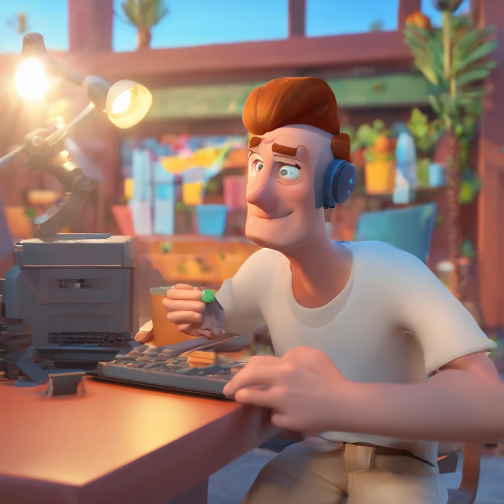 Criar um personagem no estilo Pixar. Trata-se de um homem de 30 anos, com barba, Branco, com cabelos castanhos curtos e um quiff, e olhos castanhos. Ele deve estar na frente de um computador, Trabalhar como designer