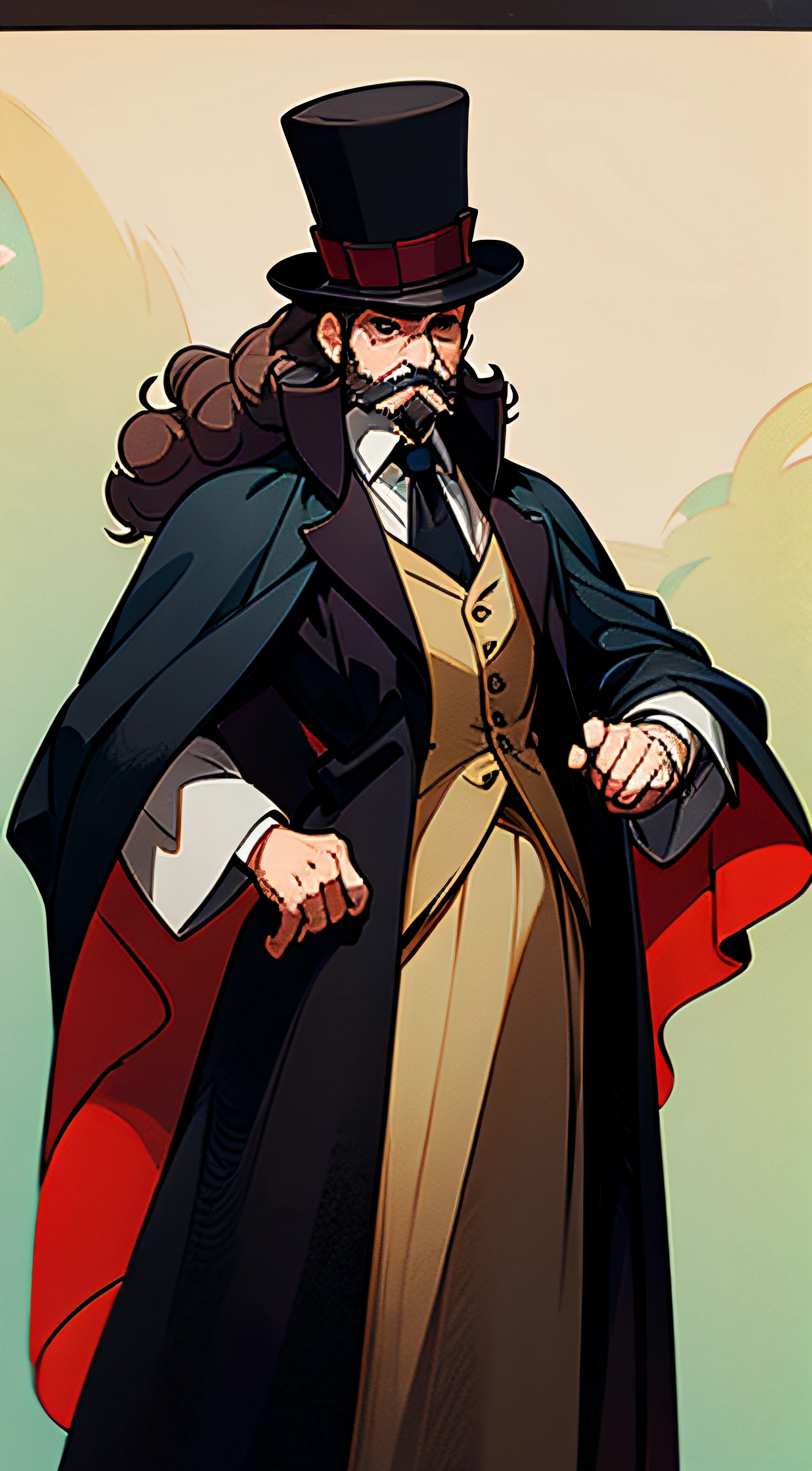 A man with a curly beard, In a top hat and a cloak, stands upright, is looking at the camera