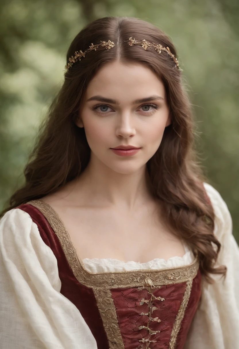 tez justa, mulher em torno de 23 anos, cabelos castanhos naturais, olhos castanhos distintos, vestindo kohl, chubby and gracile, Beautiful, luz de velas em um ambiente medieval, Ultra sharp focus, tiro realista, roupas femininas medievais, cores tetradicas (cicatriz:1.4)