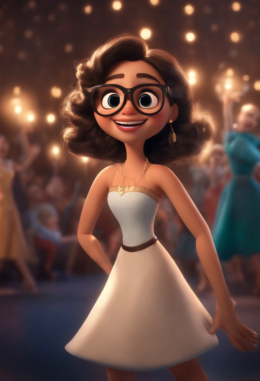 "(best quality,ultra-detalhado,Realistic:1.37),3D rendering,illustration,design de personagens,cabelos curtos e cacheados escuros,belos olhos detalhados,wearing white glasses,Estilo Pixar,morena mulher,Dancing on the Disney stage,atmosfera animada,vivid colors,luzes de palco,expression joyful"