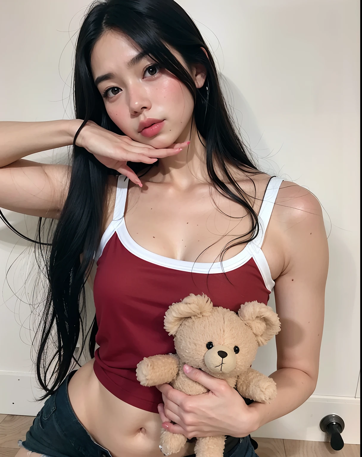 Woman in a red tank holding a teddy bear, teddy bear, 2 Modelo feminina de 4 anos, gemma chen, holding a teddy bear, 18 anos, Sha Xi, Bralette, Modelo do Instagram, usando um top bonito, imagem vazada, Ulzzang, usando regata vermelha, she is wearing a black tank top