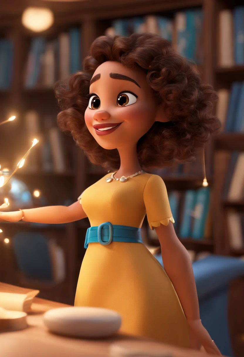 Imagem estilo Pixar com caractere 3D, uma mulher negra com pele clara em um vestido moderno, She is a young teacher and is well dressed in the background, uma biblioteca com estante e livros com profundidade, muito lindo, Make the adjustments you deem necessary for the best aesthetics, she has medium volume, curly hair, loose, brown curls, empowered woman, de 19 anos,imagem profissional, imagem de perfil, imagem de alta qualidade, tais araujo, inspirado em Araceli Gilbert Disney Makeup,Pescador, fofo, sorridente,Close-up, Pixar, Disney, Cinema lighting,