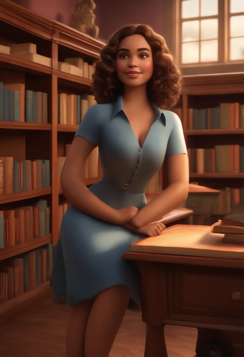 Imagem estilo Pixar com caractere 3D, uma mulher negra com pele clara em um vestido moderno, She is a young teacher and is well dressed in the background, uma biblioteca com estante e livros com profundidade, muito lindo, Make the adjustments you deem necessary for the best aesthetics, she has medium volume, curly hair, loose, brown curls, empowered woman, de 19 anos,imagem profissional, imagem de perfil, imagem de alta qualidade, tais araujo, inspirado em Araceli Gilbert Disney Makeup,Pescador, fofo, sorridente,Close-up, Pixar, Disney, Cinema lighting,