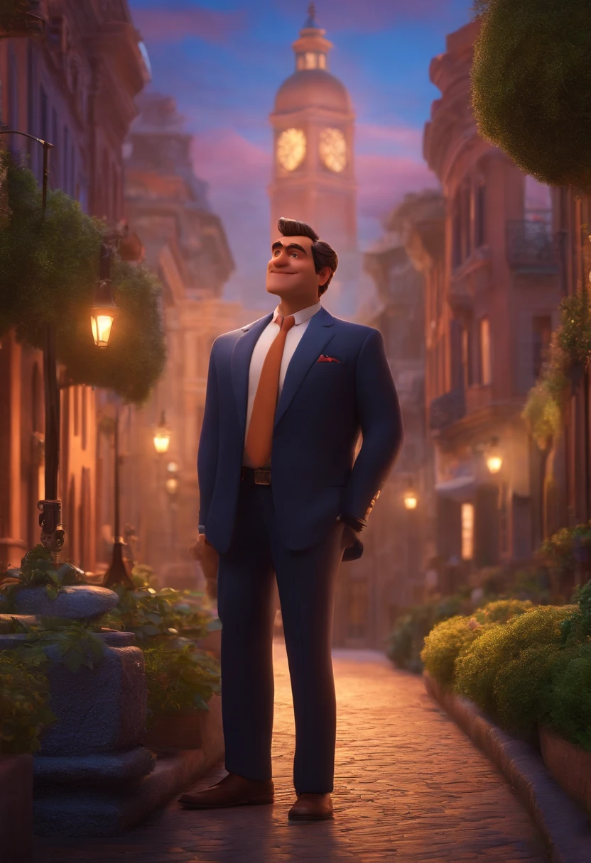 A city councilman looking at a dream project inspired by Pixar animation, de perto. The character takes center stage with captivating facial expressions, oferecendo um toque de irrealidade