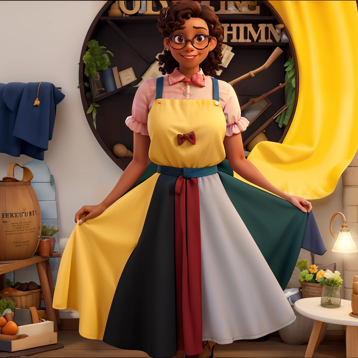Lady in apron in the colors of the plan of salvation with curly hair bow tie storytelling light skin with glasses