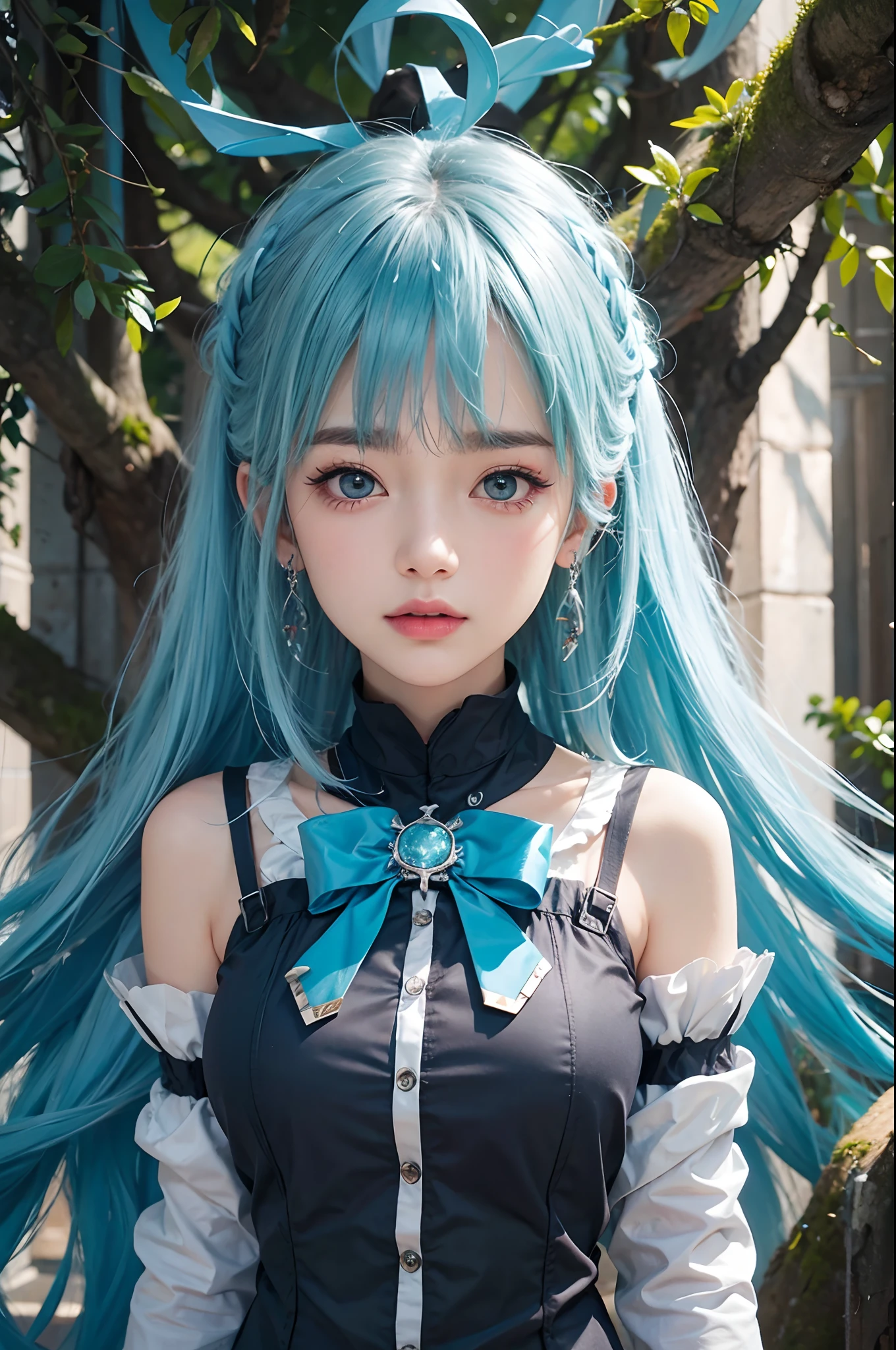 There is a young girl with a blue ribbon and earrings, artwork in the style of Gweiz, Gweiz, realistic young anime girl, Photorealistic anime girl rendering, WLOP : : 5, realistic 3d animation, Realistic anime 3d style, Gweiz on artstation pixiv, Gweiz on pixiv artstation, beautiful anime portrait