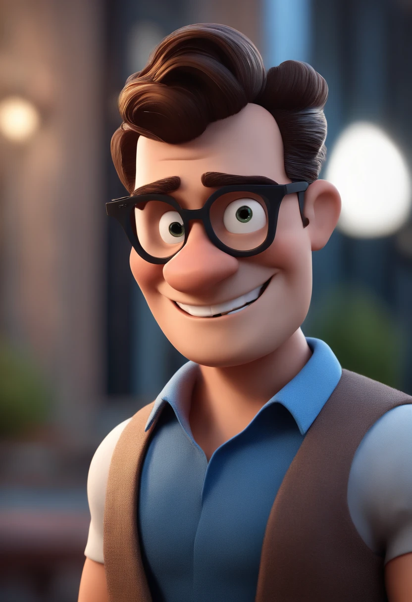 Cartoon character of a man with black glasses and a blue shirt, animation character, Caractere estilizado, animation style rendering, 3D estilizado, Arnold Maya render, 3 d render stylized, toon render keyshot, Personagem 3D, Personagem 3D, 3d rendering stylized, 3 d character render, personagem de desenho animado, Personagem de close up, Pose de personagem, (Estilo Pixar) (master part:1.2) (Bokeh) (best quality) (pele detalhada) (textura detalhada) (8k) (argila) (Cinematic lighting) (foco nítido
