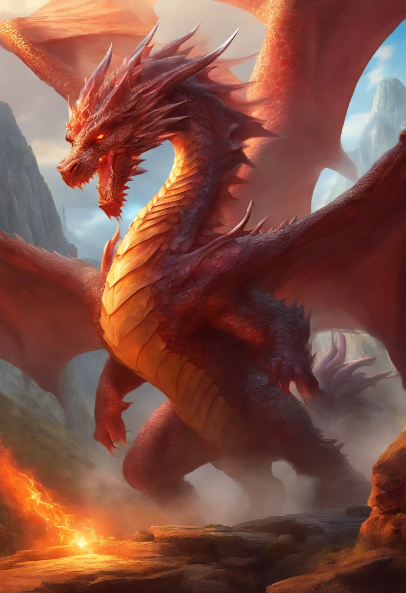 Dragon gigante, rojo, cuspindo fogo, Fondo de pantalla, UHD, 4k, 8k, HDR, Fantasy Art, hyperrealistic d & d fantasy art, symmetrical spectacular fantasy art,