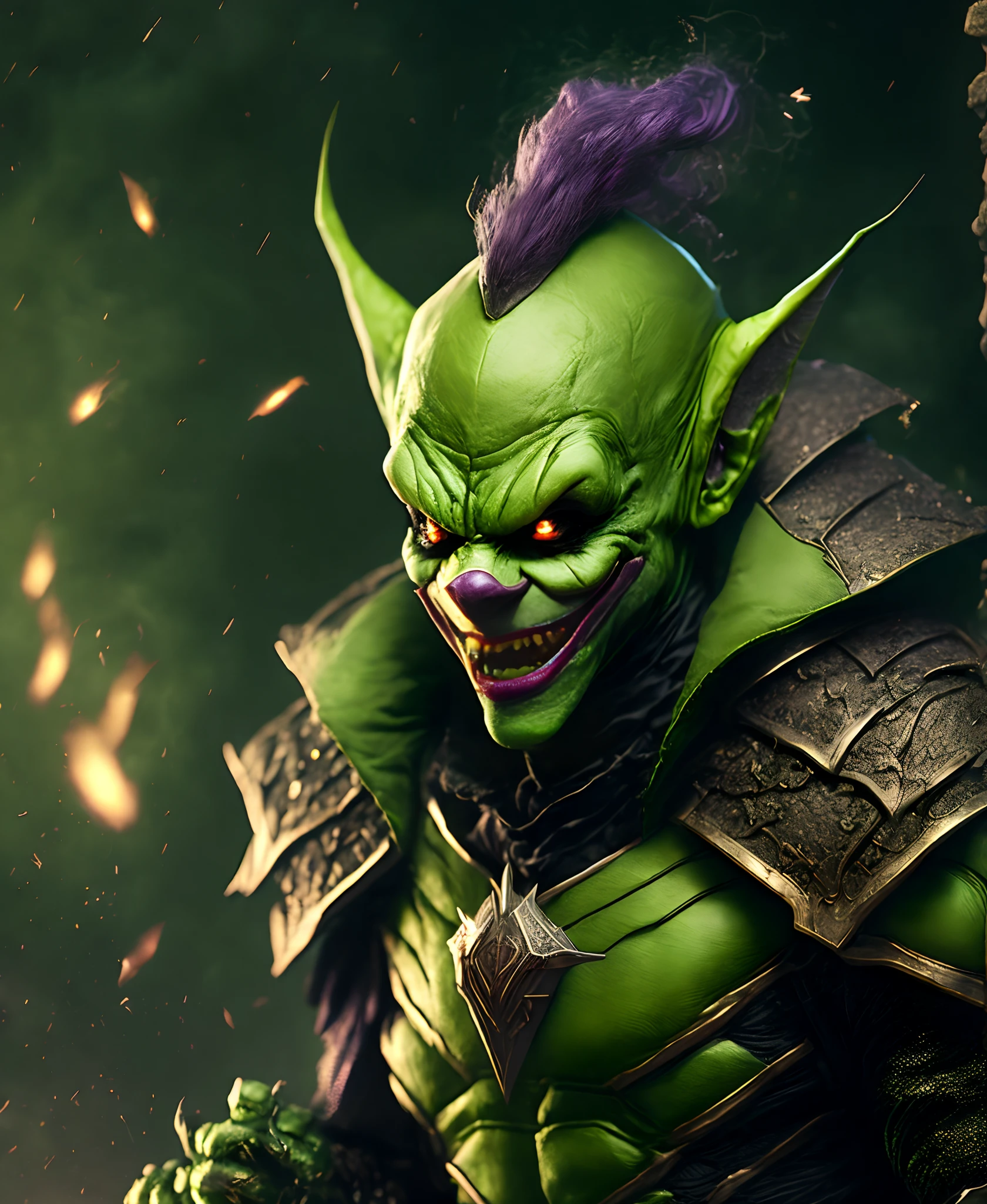 Close-up ( Green Goblin From DC dressed as a clown in Goth style: 1.3) emerging from the the old crazy Clown world, extremely detailed, smoke, sparks, metal shavings, flying debris, volumetric light