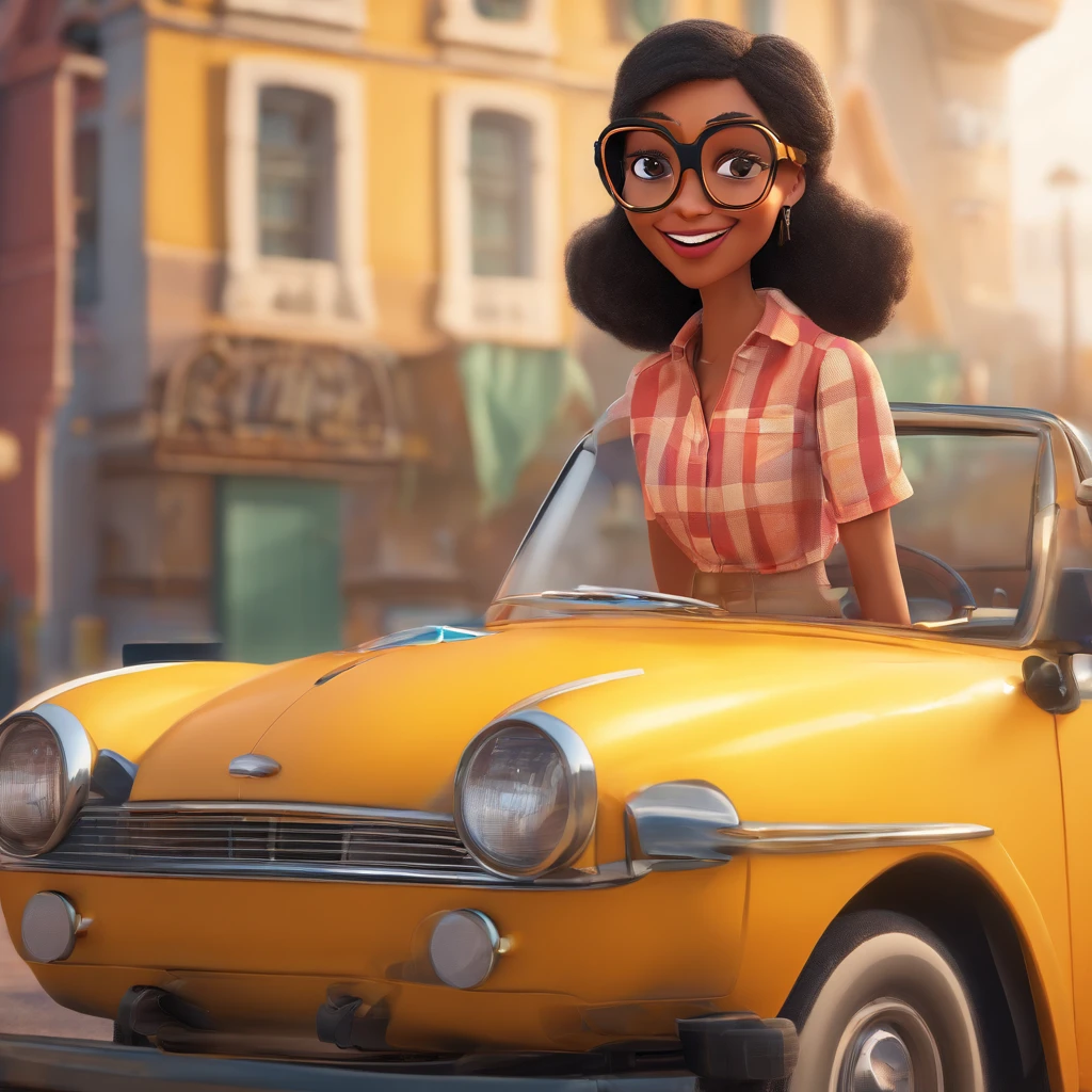 create a 3D movie poster inspired by Disney Pixar, The scene should be in Pixar's signature digital art style, Woman with glasses and yellow shirt sitting in car smiling, wearing thin large round glasses, cerca de 35 anos. Cabelo castanho ondulado pelos ombros.