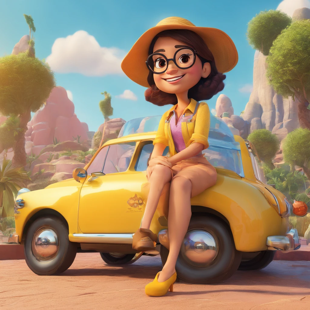 create a 3D movie poster inspired by Disney Pixar, The scene should be in Pixar's signature digital art style, Woman with glasses and yellow shirt sitting in car smiling, wearing thin large round glasses, cerca de 35 anos. Cabelo castanho ondulado pelos ombros.