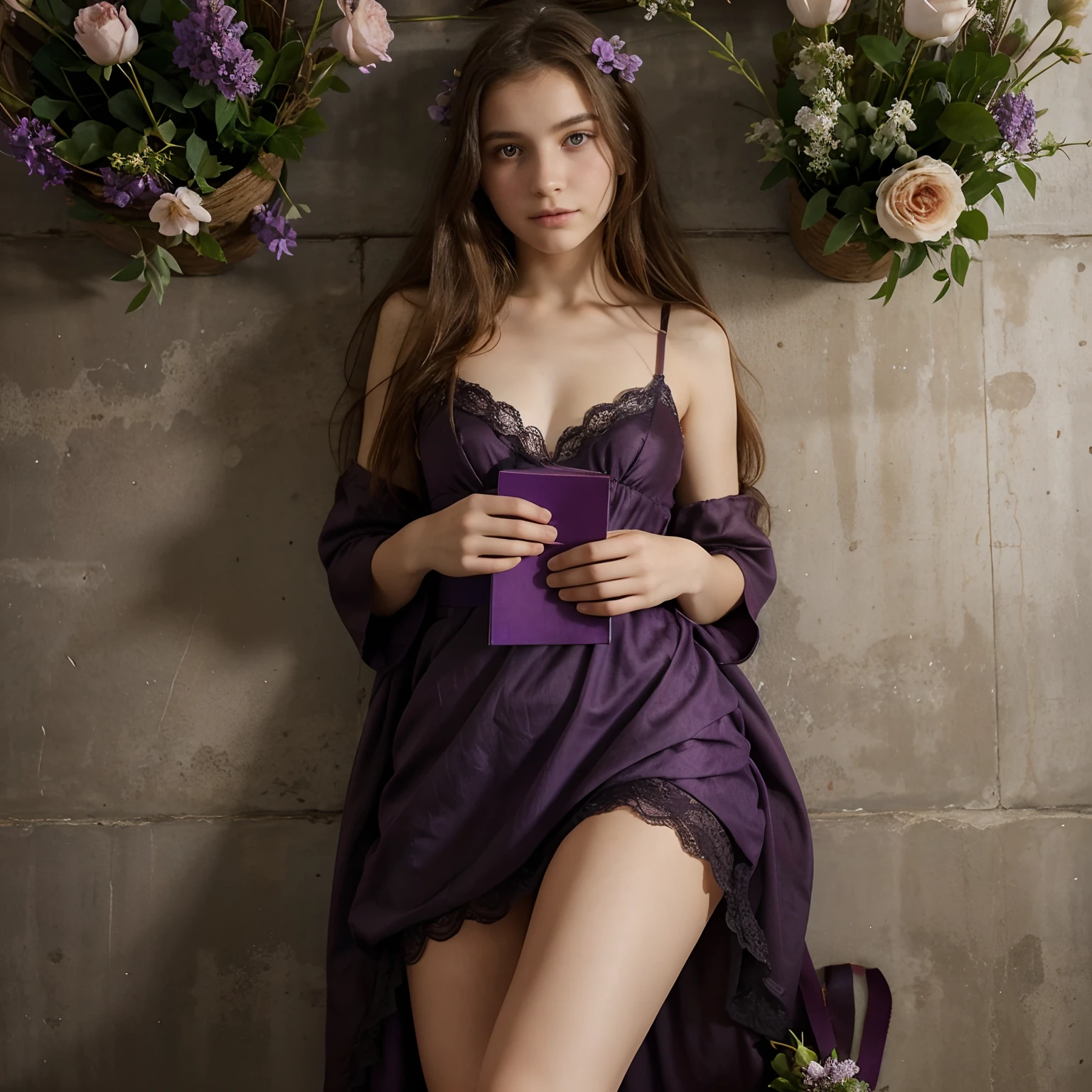 mauve waisted lace briefs.
Silk chiffon kimono with floral embroidery.
Hairstyle:
Soft waves cascading down the shoulders.
Pose:
Seated on a chaise lounge, legs crossed elegantly, with one hand lightly touching the hair and the other resting on the knee, looking off into the distance.
