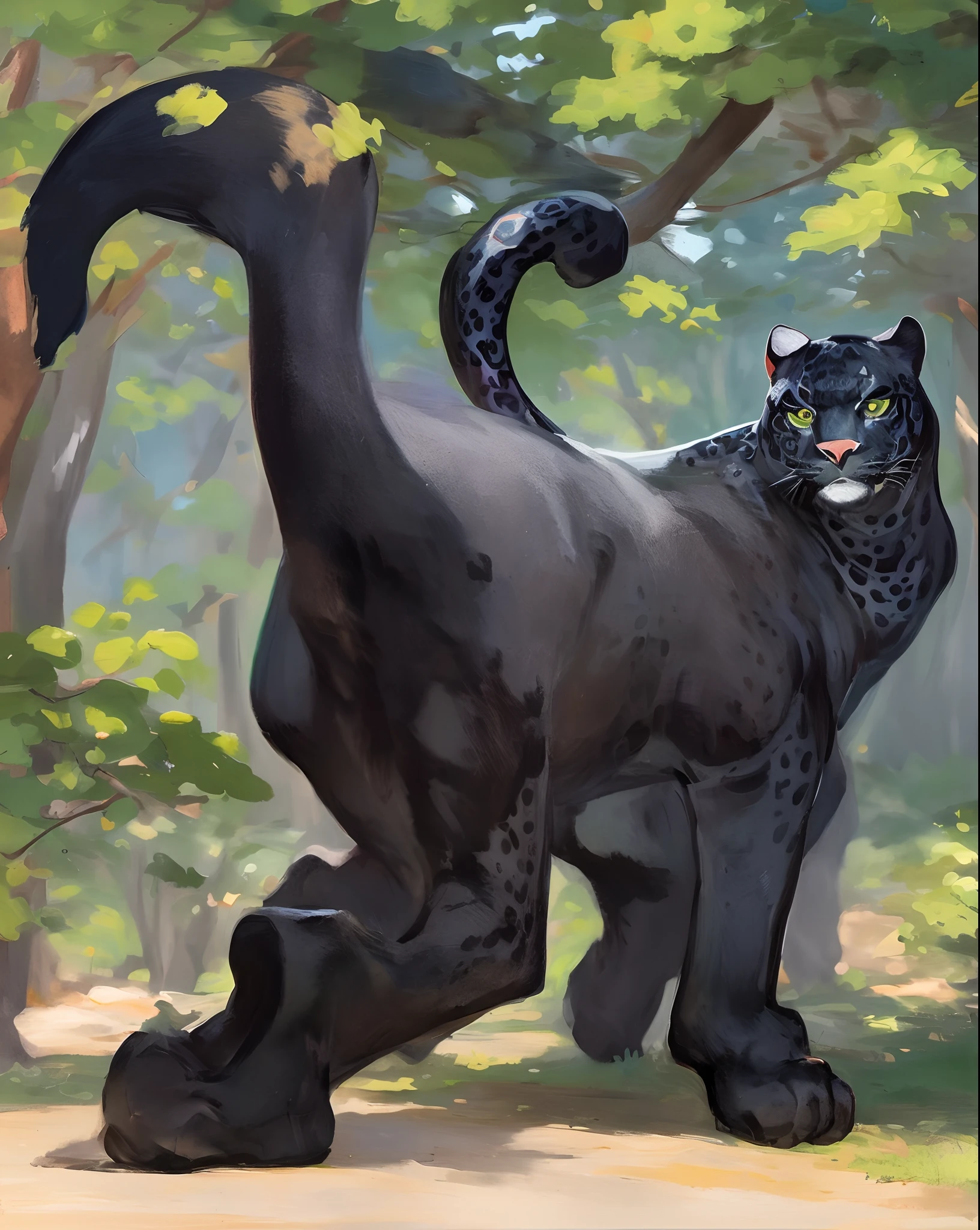 Colorful forest black jaguar in painting style