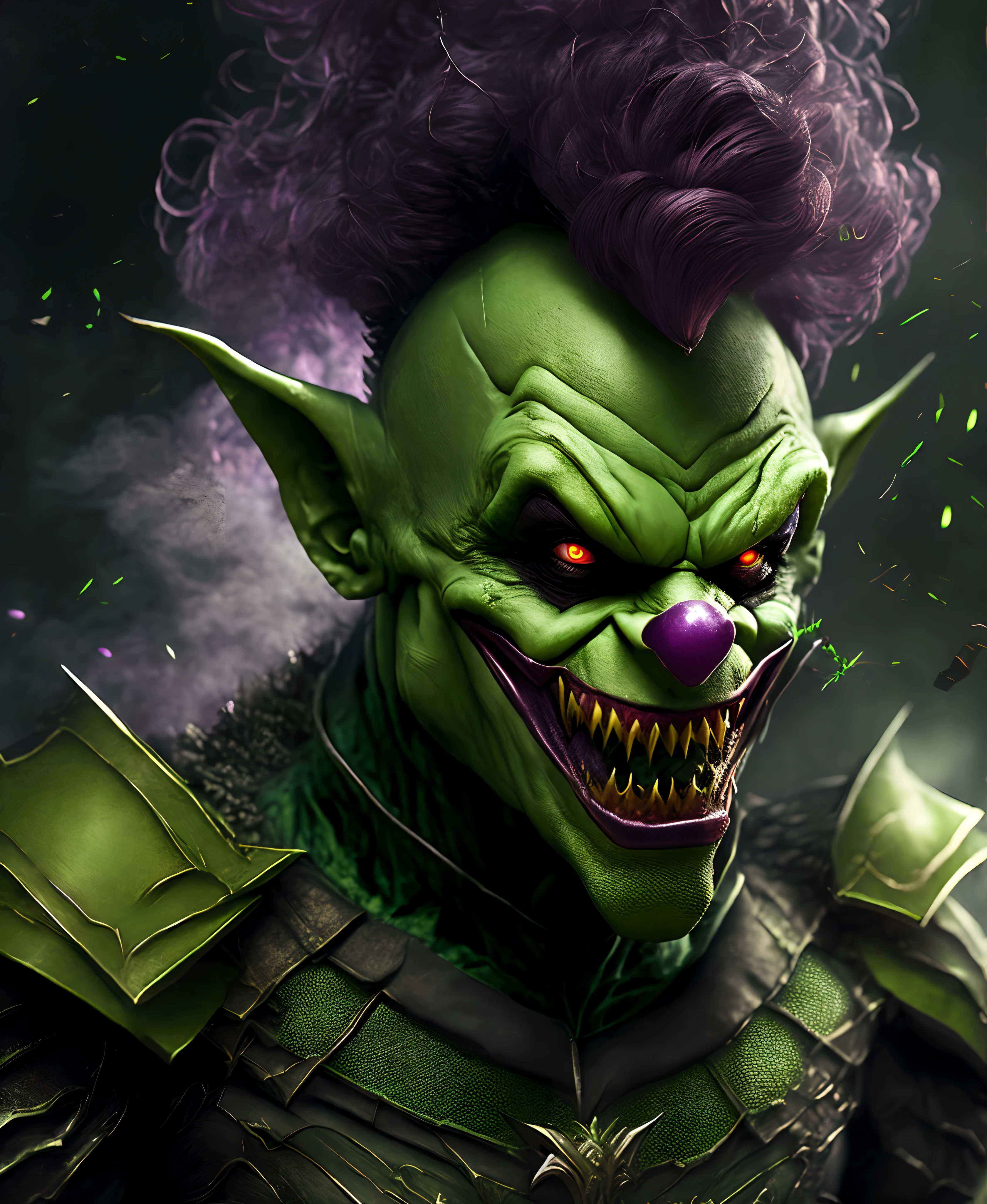 Close-up ( Green Goblin From DC dressed as a clown in Goth style: 1.3) emerging from the the old crazy Clown world, extremely detailed, smoke, sparks, metal shavings, flying debris, volumetric light