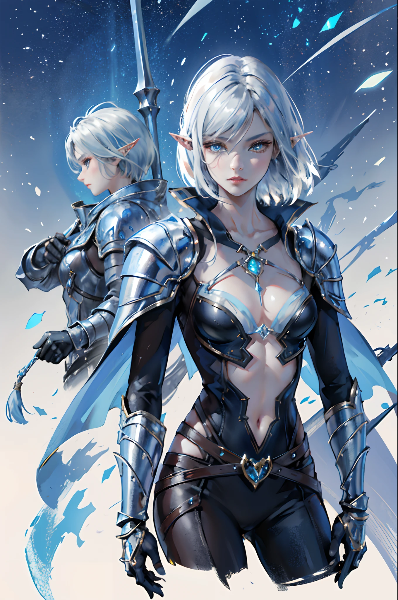 Elora is a mysterious and attractive half-elf explorer. Her appearance combines elven elegance with human grace, And her eyes, Like a starry sky, Shimmer with different shades. Her short silver hair gives her lightness and elven grace. The character is dressed in leather armor with elven decorations. Character concept, Correct anatomy, handsome girl, full-length character, DnD Character Concept, Character in leather armor with metal elements. Closed harrow, character concept art, arma: Bow and Dagger, Short silver haircut, Black Closed Clothing