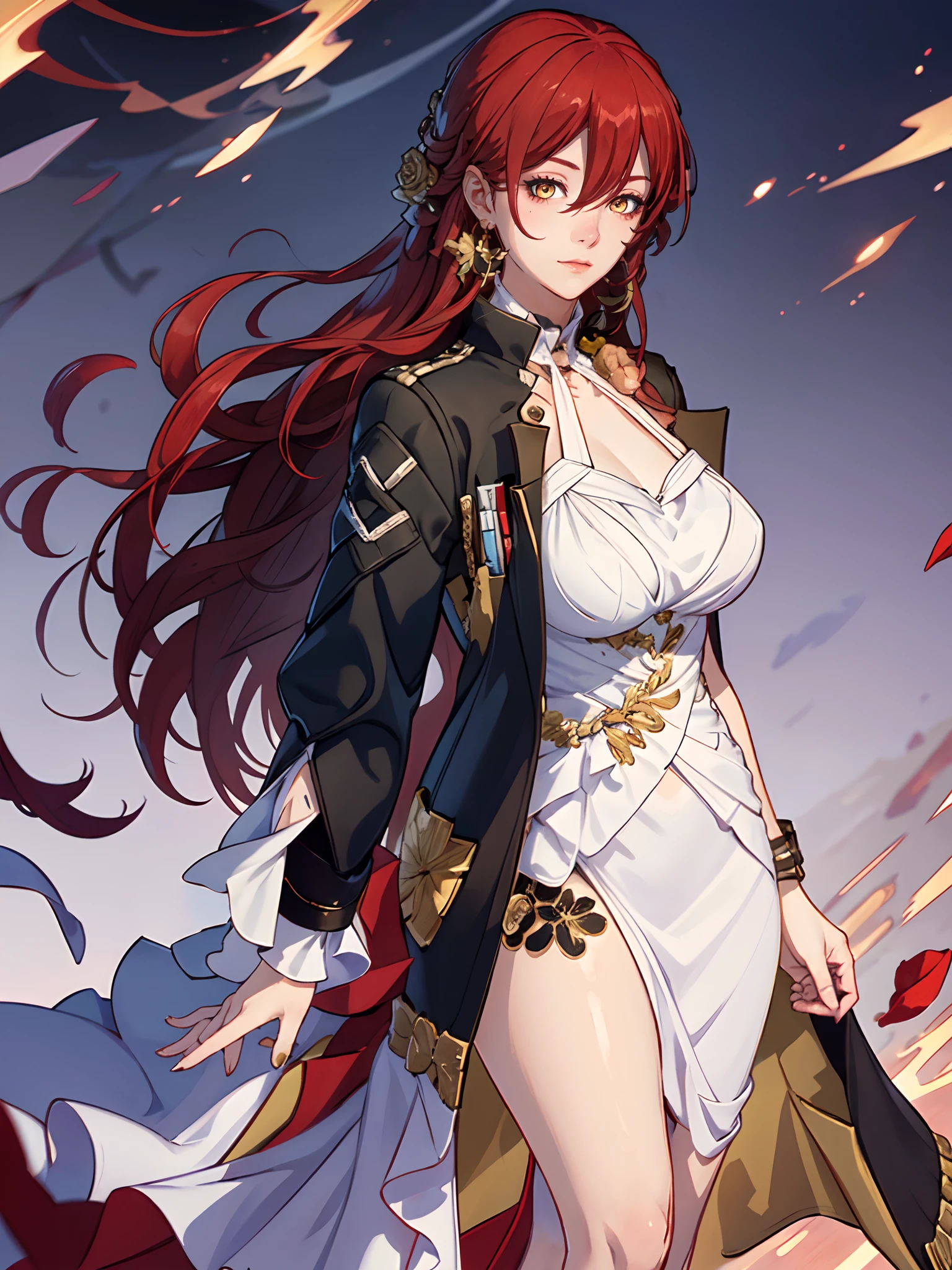 (masterpiece, best quality, absurdres), 1girl, himeko, huge breasts, official, head, yellow eyes, red hair, long hair, white dress, black jacket, golden rose on neck, single earring