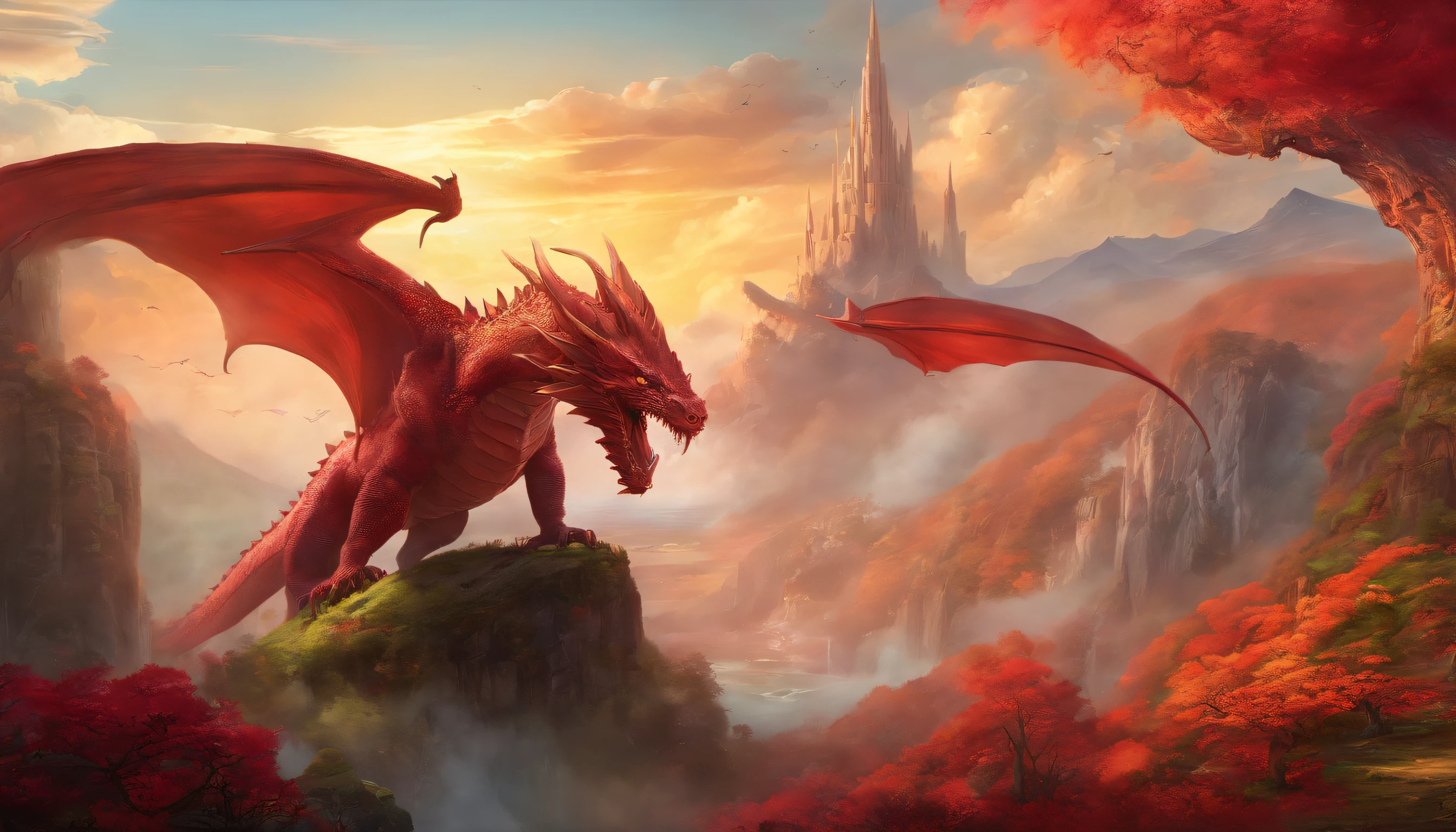 Realistic red dragon with photo of open wings of the whole dragon, image of the whole dragon, fundo transparente