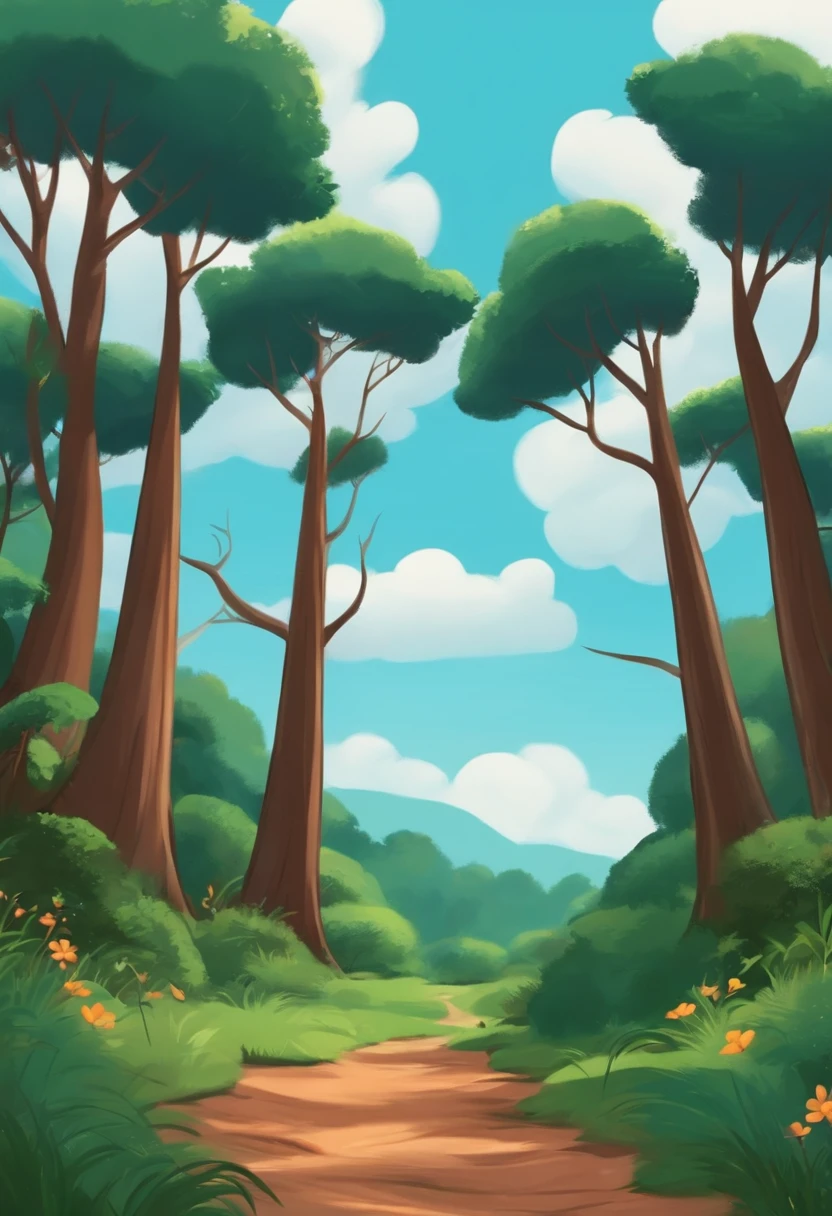 background de desenho animado de uma floresta. Clear skies with some clouds. Caminho de terra no meio. estilo cartoon. Estilo pixar.