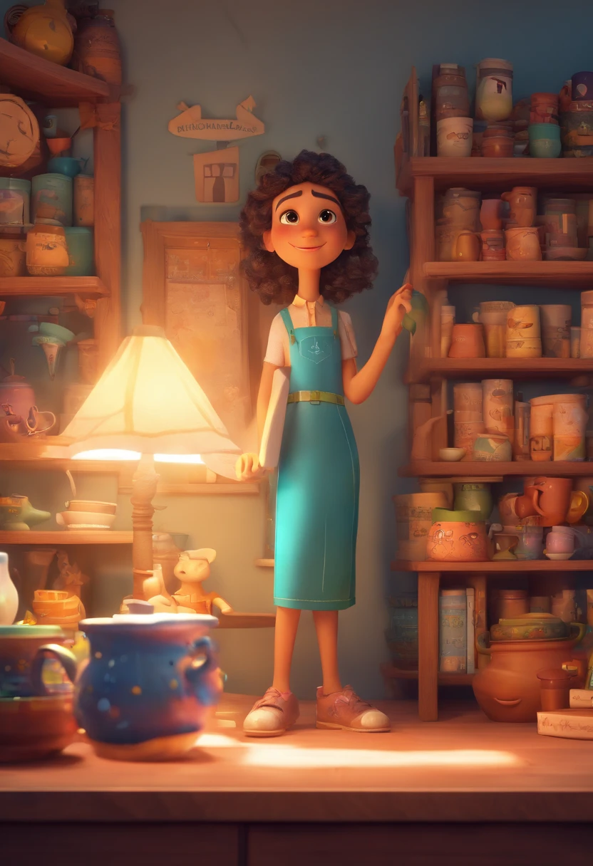 A young Disney Pixar-style craftsman standing in front, illuminated by the light of a lamp, against the backdrop of a shelf full of personalized mugs. (best quality,4k,8k,highres,masterpiece:1.2), ultra-detailed, (realistic,photorealistic,photo-realistic:1.37), handmade illustration, vibrant colors, dreamy lighting, magical atmosphere, intricate details, whimsical characters, whimsical scenery, creative artistry, whimsical art style, enchanting composition, heartwarming emotions, lively expressions, charming personality, expert craftsmanship, attention to detail, delicate shading, playful shadows, textured surfaces, dynamic poses, imaginative storytelling, fantasy elements, cozy workshop, joyful inspiration, artistic tools, cheerful ambiance, atmospheric lighting, captivating narrative, magical ambiance, personalized mugs, whimsical decorations, nostalgic charm, endearing characters, heartfelt charm, magical realism, playful imagination, Disney Pixar-inspired art.