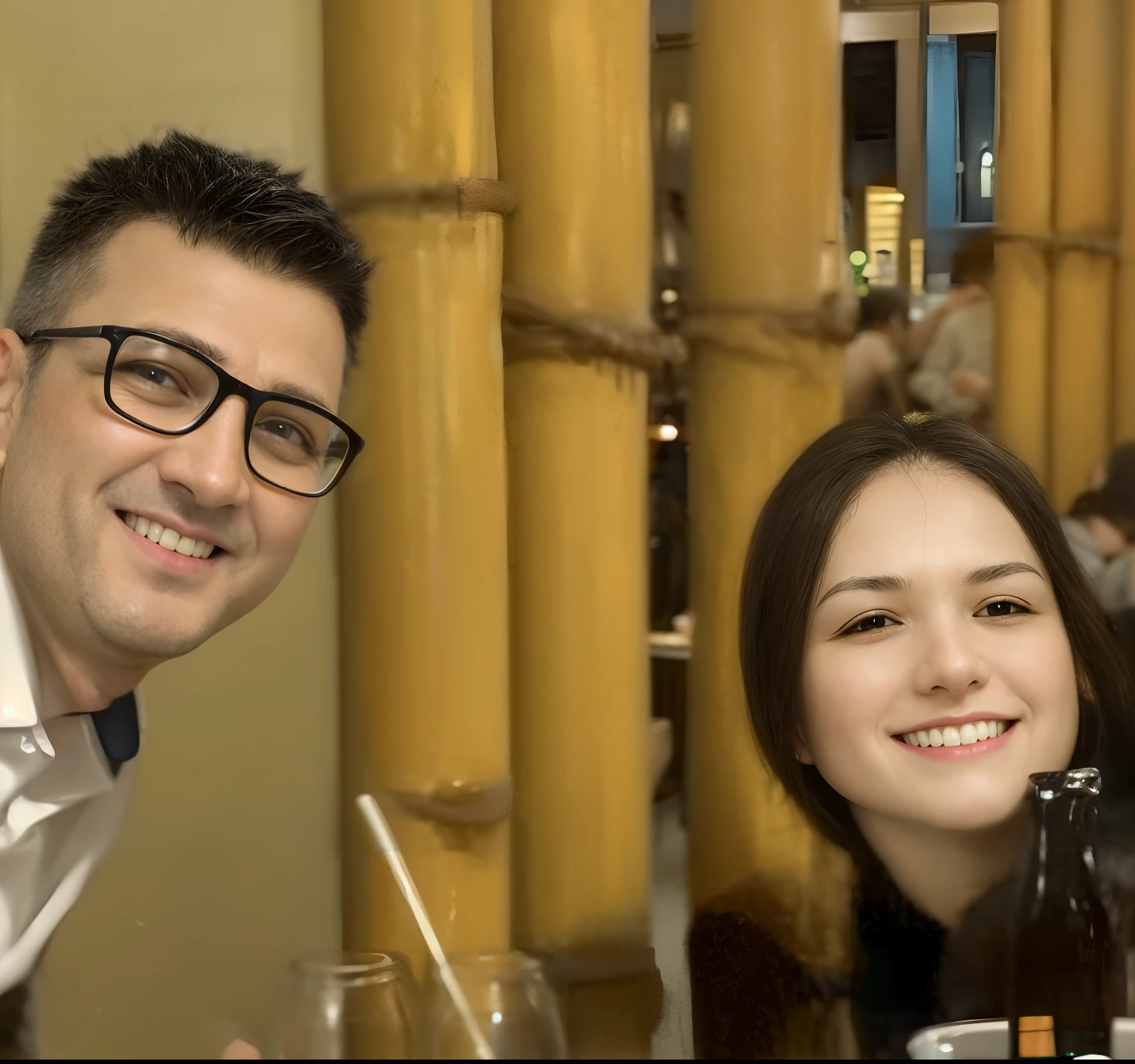 There are two people sitting at a table with drinks and a bottle, vacation photo, Family photo, In Sao Paulo, Directed by: Nandor Soldier, instagram post, foto de baixa qualidade, Valentina Embaralhamento, ter um jantar constrangedor, Ayanamikodon e Irakli Nadar, Directed by: Tom Wänerstrand, Postagem no Reddit, standing in a restaurant