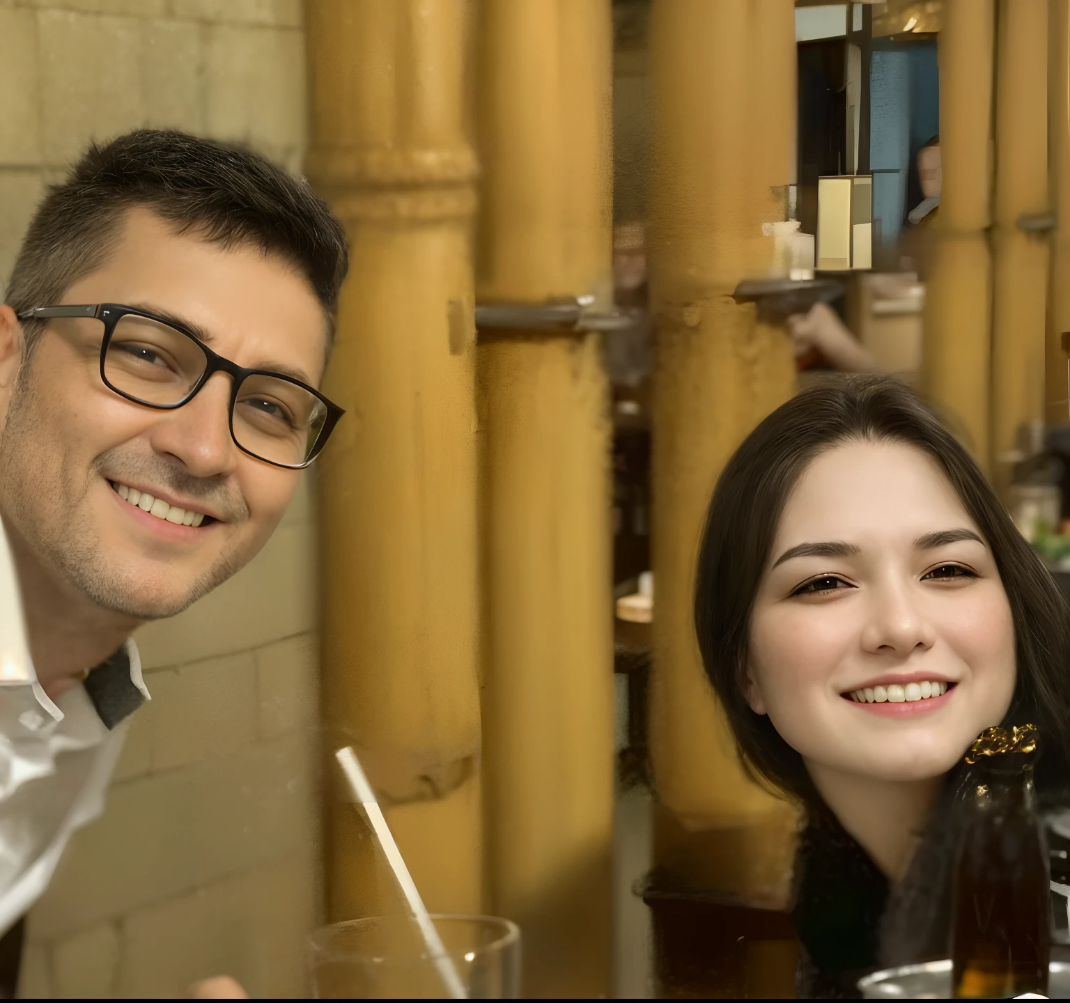 There are two people sitting at a table with drinks and a bottle, vacation photo, Family photo, In Sao Paulo, Directed by: Nandor Soldier, instagram post, foto de baixa qualidade, Valentina Embaralhamento, ter um jantar constrangedor, Ayanamikodon e Irakli Nadar, Directed by: Tom Wänerstrand, Postagem no Reddit, standing in a restaurant