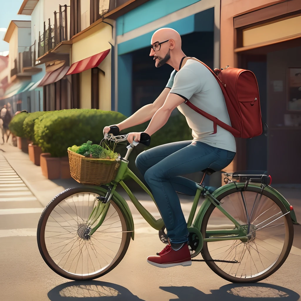 imagem 3D estilo pixar da Disney de homem de 60 anos, Bald head with rectangular glasses, de camiseta listrada verde, Jeans next to a red bicycle, com o fundo de uma rua qualquer em uma cidade tranquila com orelhas pequenas, cap, sem barba e sem bigode e com sobrancelha preta