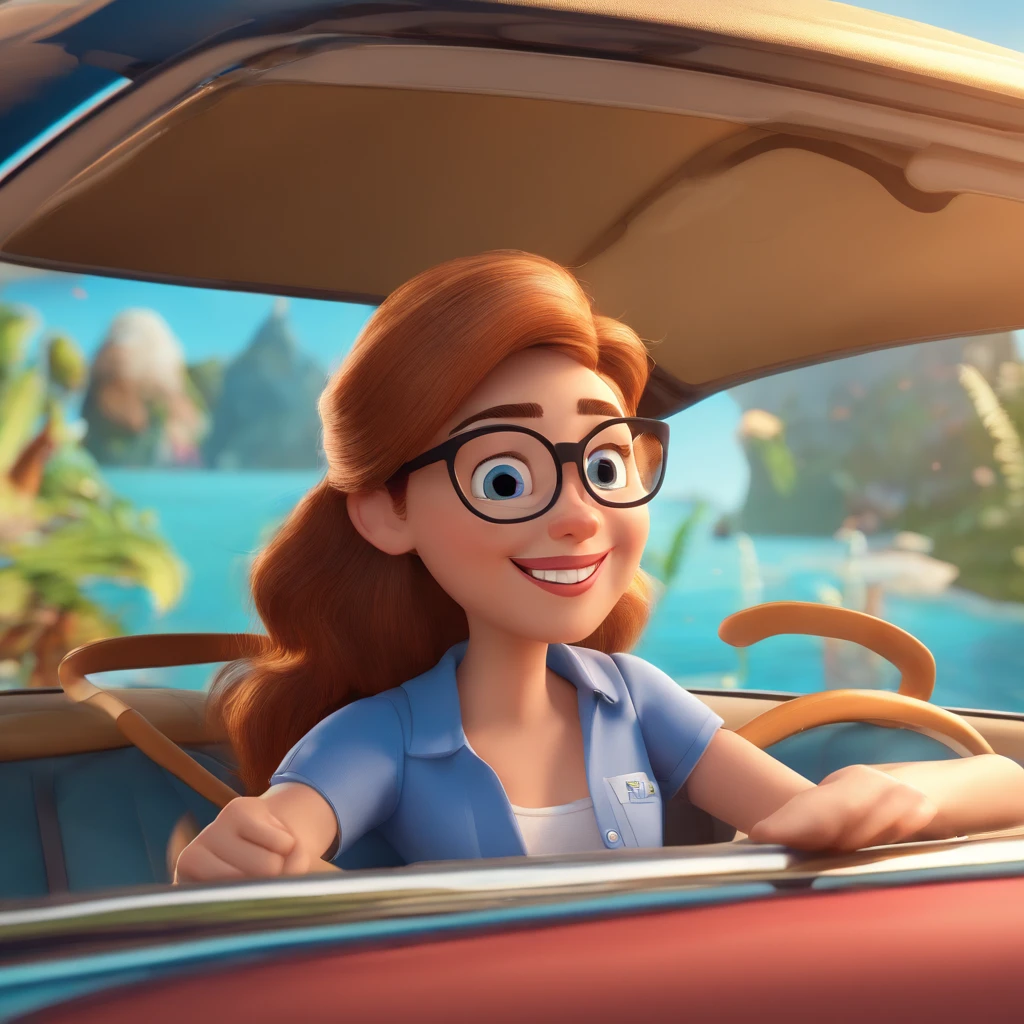 create a 3D movie poster inspired by Disney Pixar, The scene should be in Pixar's signature digital art style, A white woman with glasses and blue baby shirt sitting in the car smiling, wearing thin large round glasses, com cerca de 35 anos. Medium-sized wavy brown hair