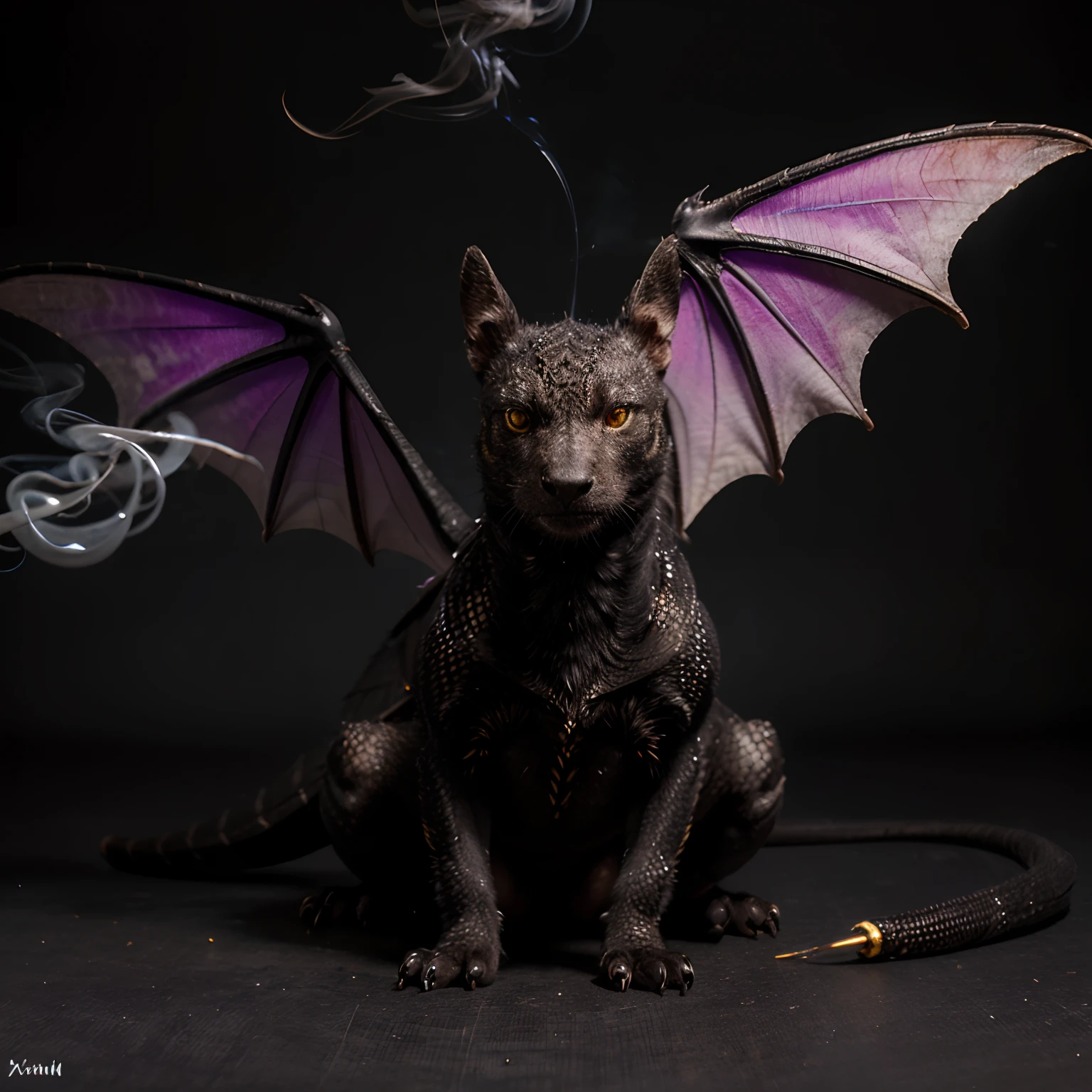 Small black dragon with shiny scales and mischievous yellow eyes. It has large purple wings on its back and smoke coming out of its nostrils.