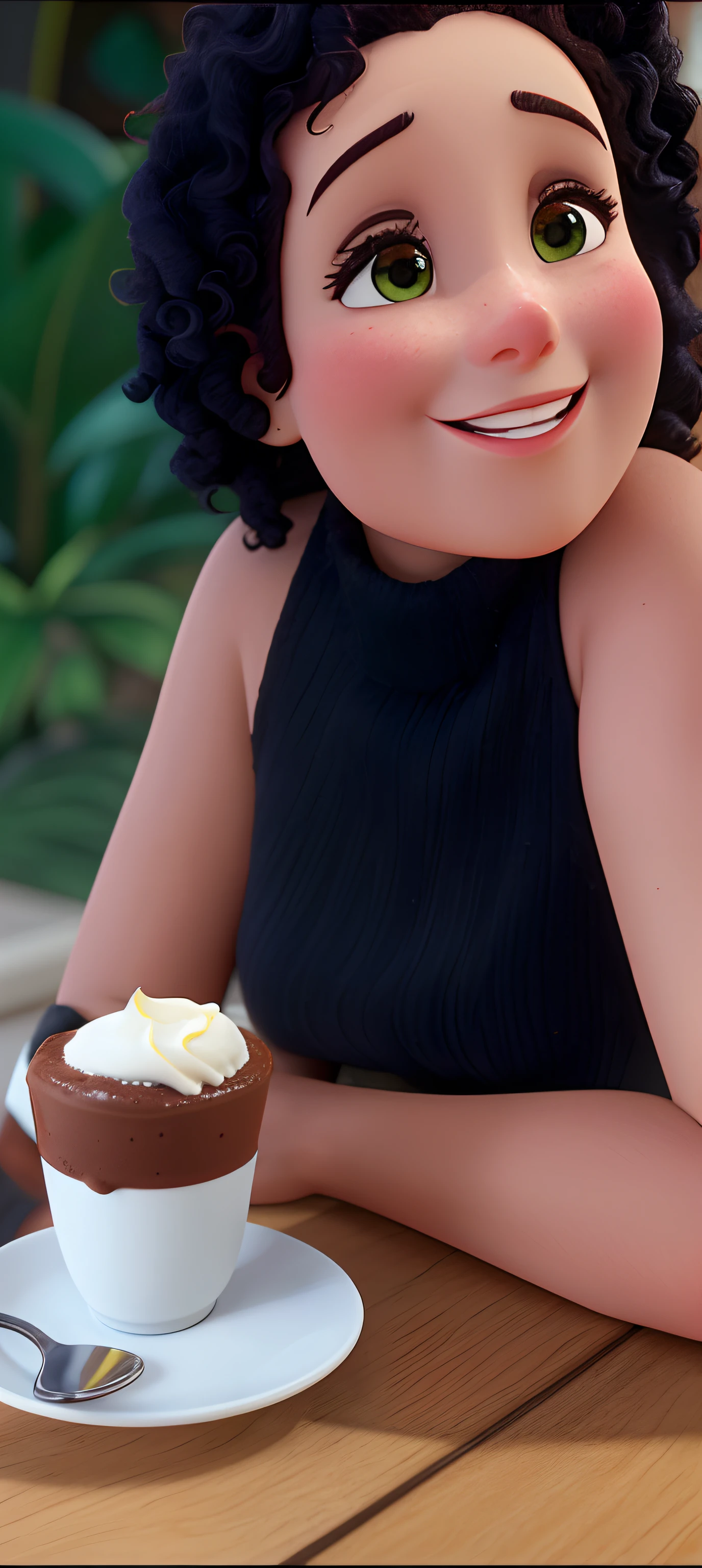 Poste ful hd modelo pixar,Smiling woman sitting at a table with a cup of coffee, sentado em uma mesa cor de mocha, close up tiro de meio corpo, com pele parda, suave em _ O pano de fundo, frosting on head and shoulders, neck-length curly hair, non blurry, sufocado em chocolate derretido, Ela tem pele marrom oliva, imagem de perfil, non blurry, pele cremosa, levemente bronzeado