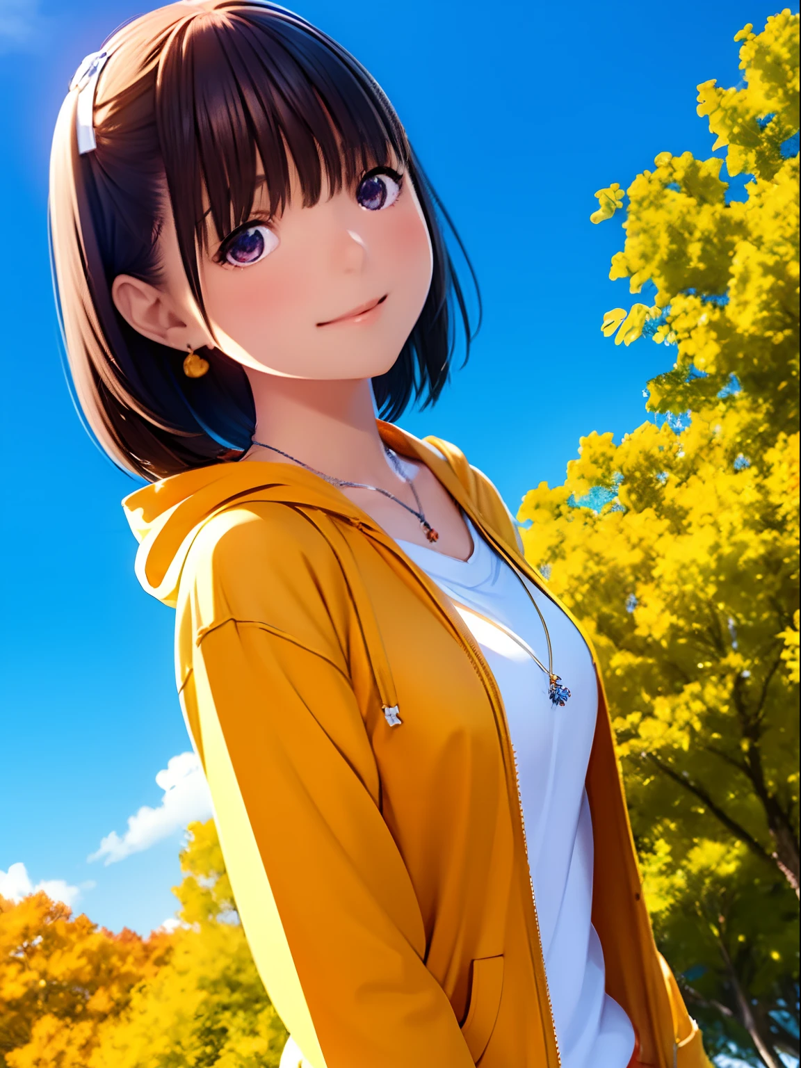 hight resolution,8K,Best Quality,detaileds,semi - realistic anime,Anime 3D Style,Smooth Anime CG,1 girl in,20 year old woman in Japan,slim,modeled,shiny chestnut hair,Medium Hair,Detailed face,Beautiful and detailed eyes,Glowing skin,(Orange Hoodie,layered clothes),earring beautiful,a necklace,autumnal,Colored leaves,Ginkgo tree,Red and yellow landscape, (Jump up and down),Hard Focus、film grains,Soft lighting,the wind,looking at the viewers,A smile,