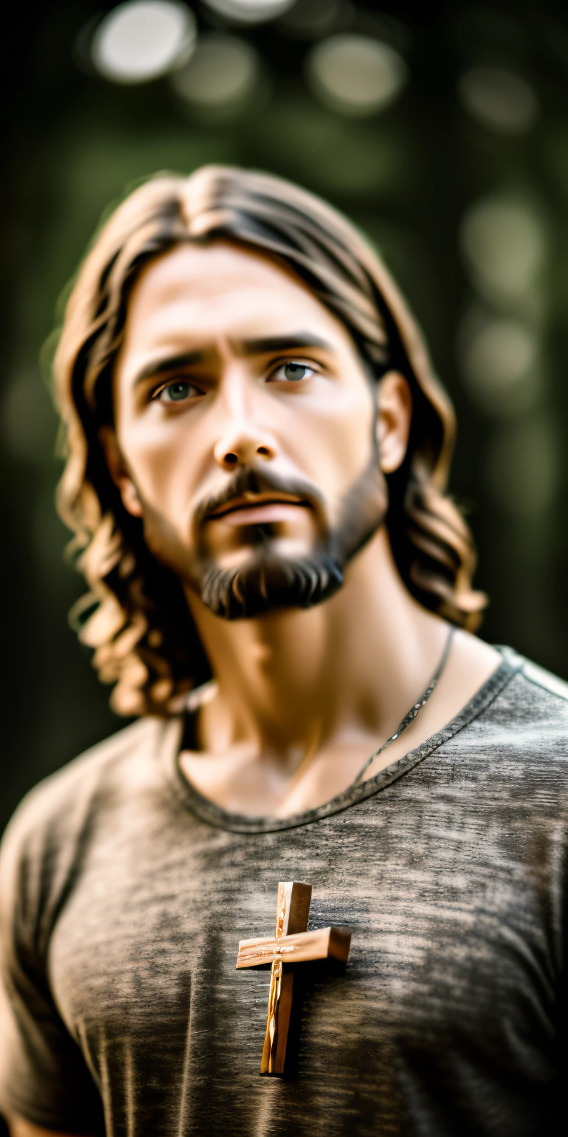 portrait of modern day Jesus, cinematic lighting, depth of field, bokeh, realism, photorealistic, hyperrealism, professional photography, uhd, dslr, hdr, background whit a wood cross