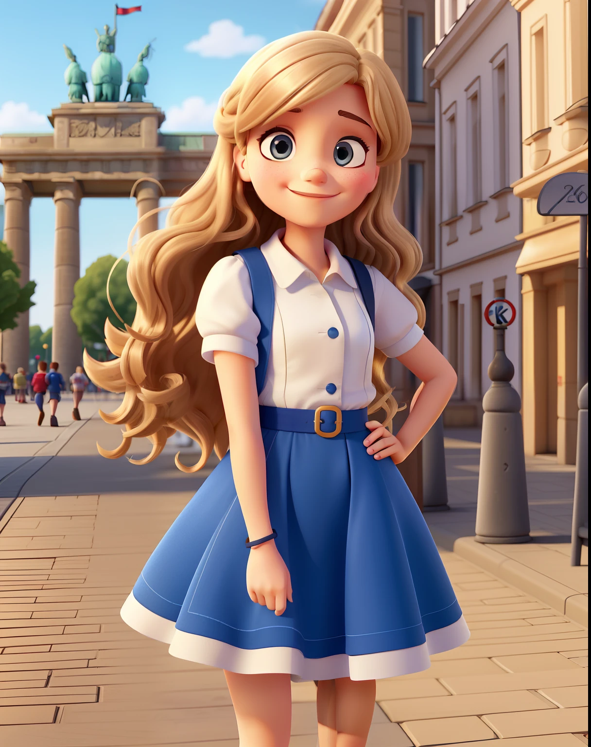 An illustration of a cute adorable woman with the flag of Germany in her hand with dark blonde wavy hair with blonde highlights, a sweet smile, kleiner Nase, braune Augen und einem blauen Kleid. Sie ist Deutschlehrerin. Sie steht vor dem Brandenburger Tor in Berlin. Die Sonne scheint. Illustrieren Sie diese Szene aus einer Perspektive, in der sie in die Kamera blickt, Entwickeln Sie diese Kunst in Full HD, Konzentriere dich auf deinen cineastischen Touch, Disney Pixar Animationen Stil