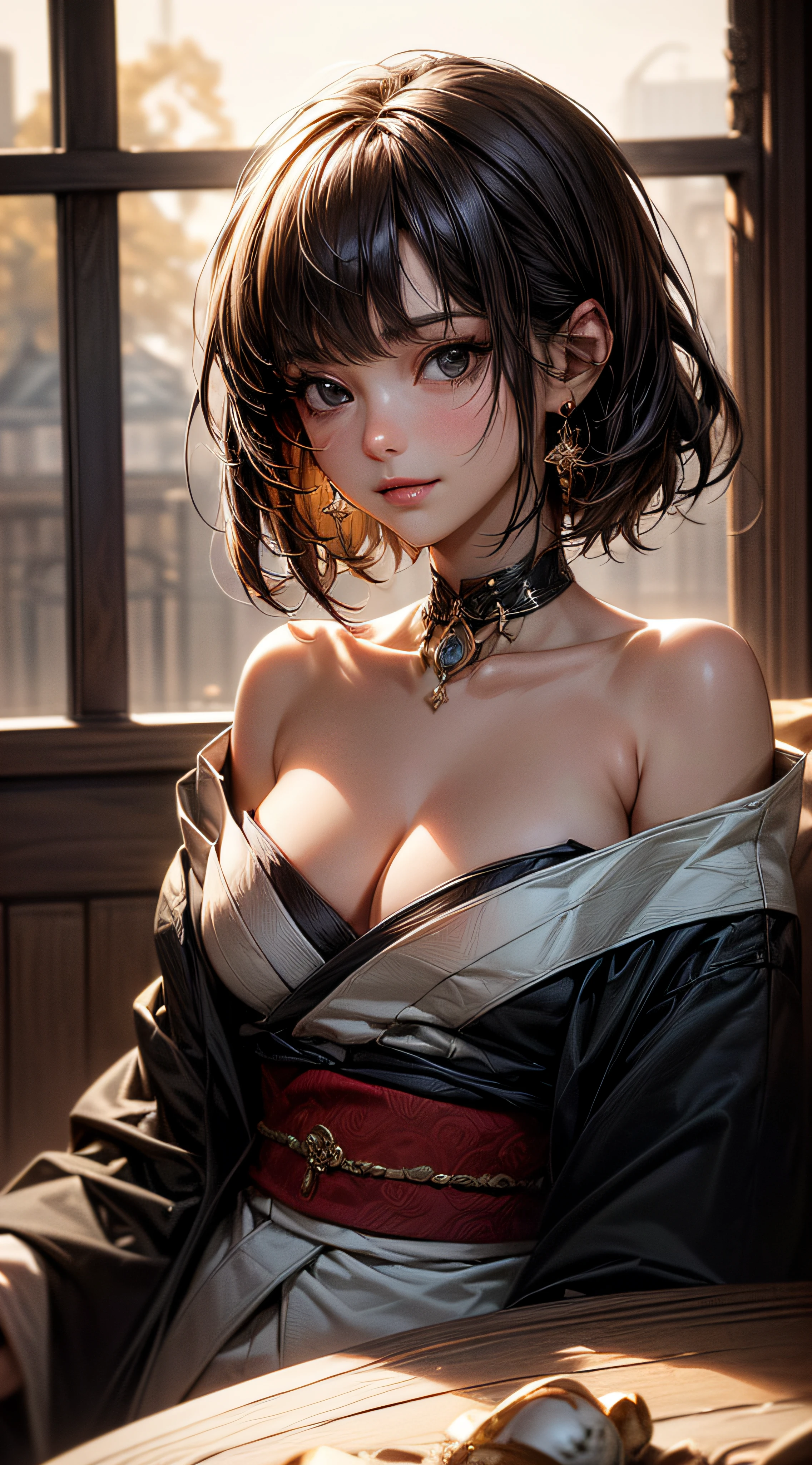 (((8k wallpaper of extremely detailed CG unit, masterpiece, 超A high resolution:1.2, top-quality:1.2, masutepiece, textures and maximum detail))), ((extremely beautiful lady, seductively smiling, I sat down on the windowsill, Black bob cut hair, Sexy open kimono)), ((The best lighting, extremely detailed beautiful face, Highly detailed black eyes, Very beautiful body, Top quality real texture skins)), (Exposed cleavage, Exposed abdomen and shoulders, Exposed neck and collarbone), upper_body, A ray of light, hyper realisitic, digitial painting,