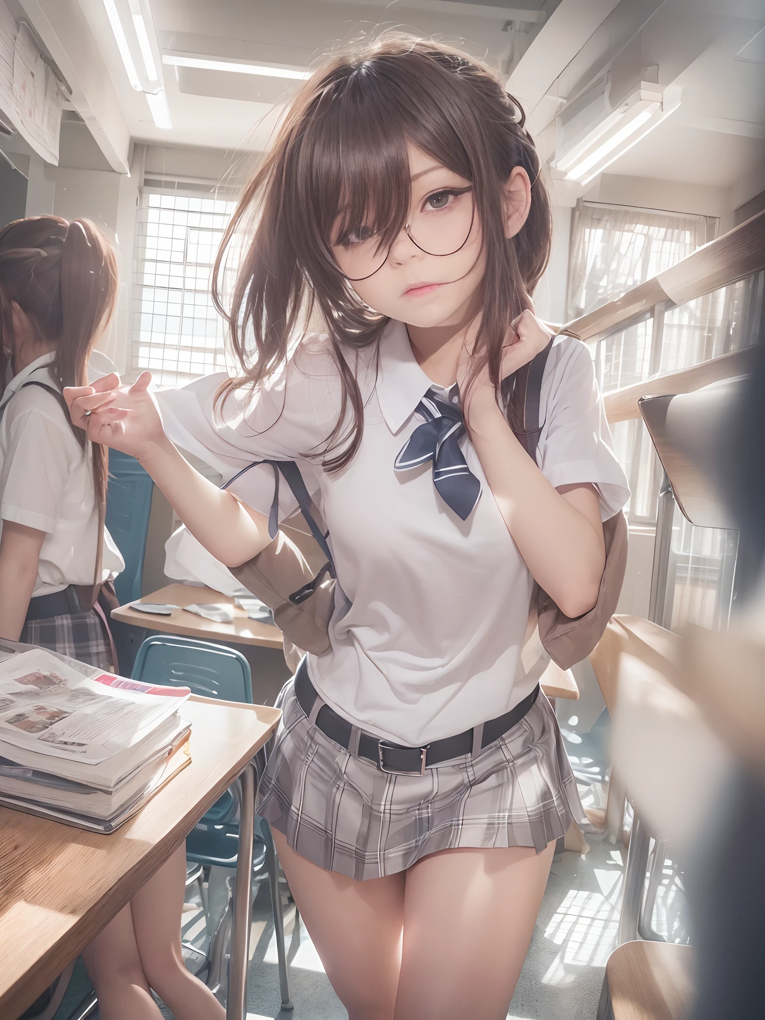 Blurry, Blurred background, Blurred foreground, Depth of field, Full body, Solo, 1 girl, Medium photo, Purple bra, Blue-violet panties, Watching Viewer,18 years old, Classroom, Surprisingly Small, Glasses, Glaring, Angry, Alone, Red Bow, Uniform, 3D, Asian, Lips, Motion Blur, Standing, Watching, Indoors, Short Twin Tails, Blackboard, Bangs, Black Hair