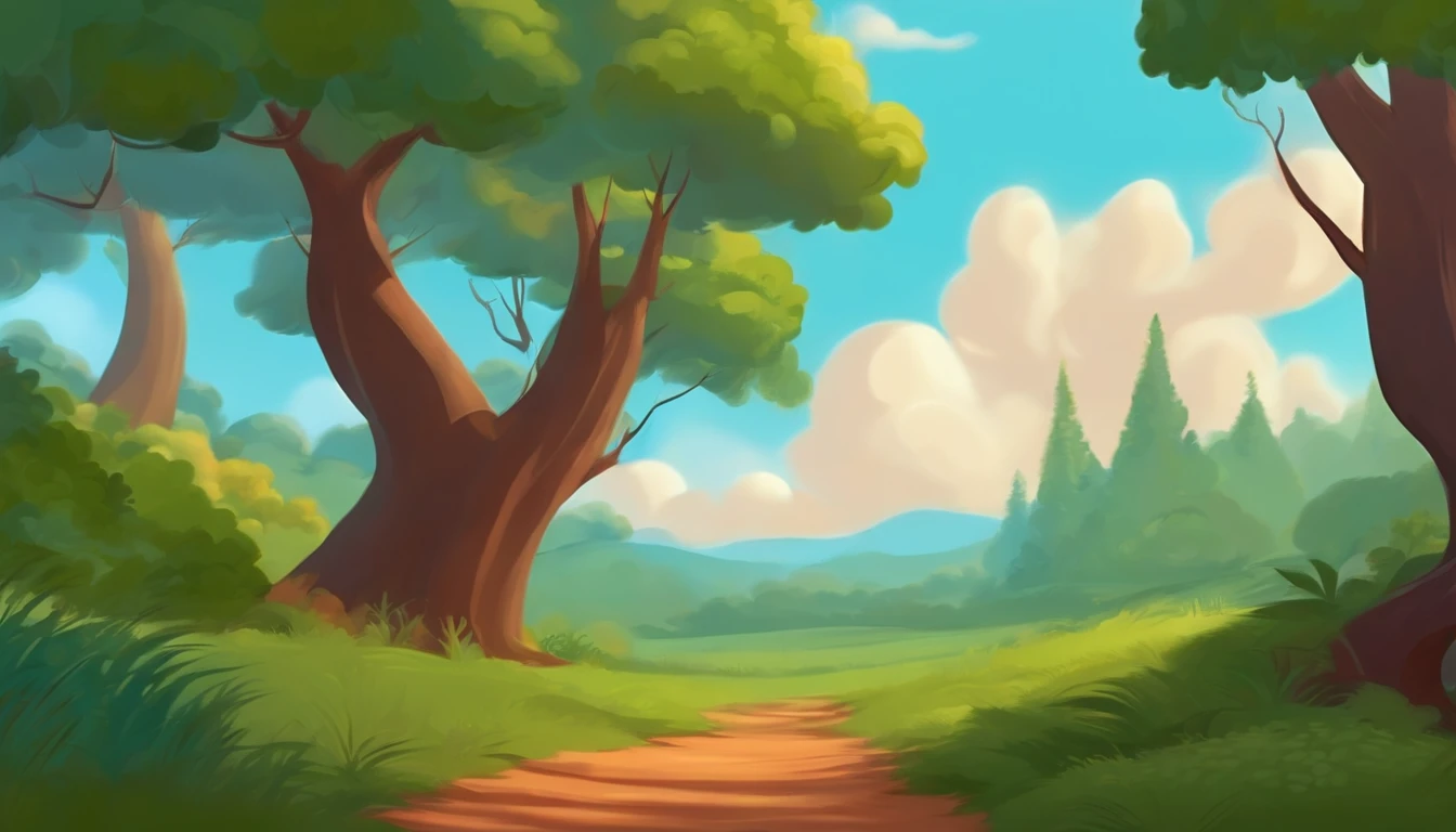 background de desenho animado de uma floresta. Clear skies with some clouds. Caminho de terra no meio. estilo cartoon. Estilo pixar.