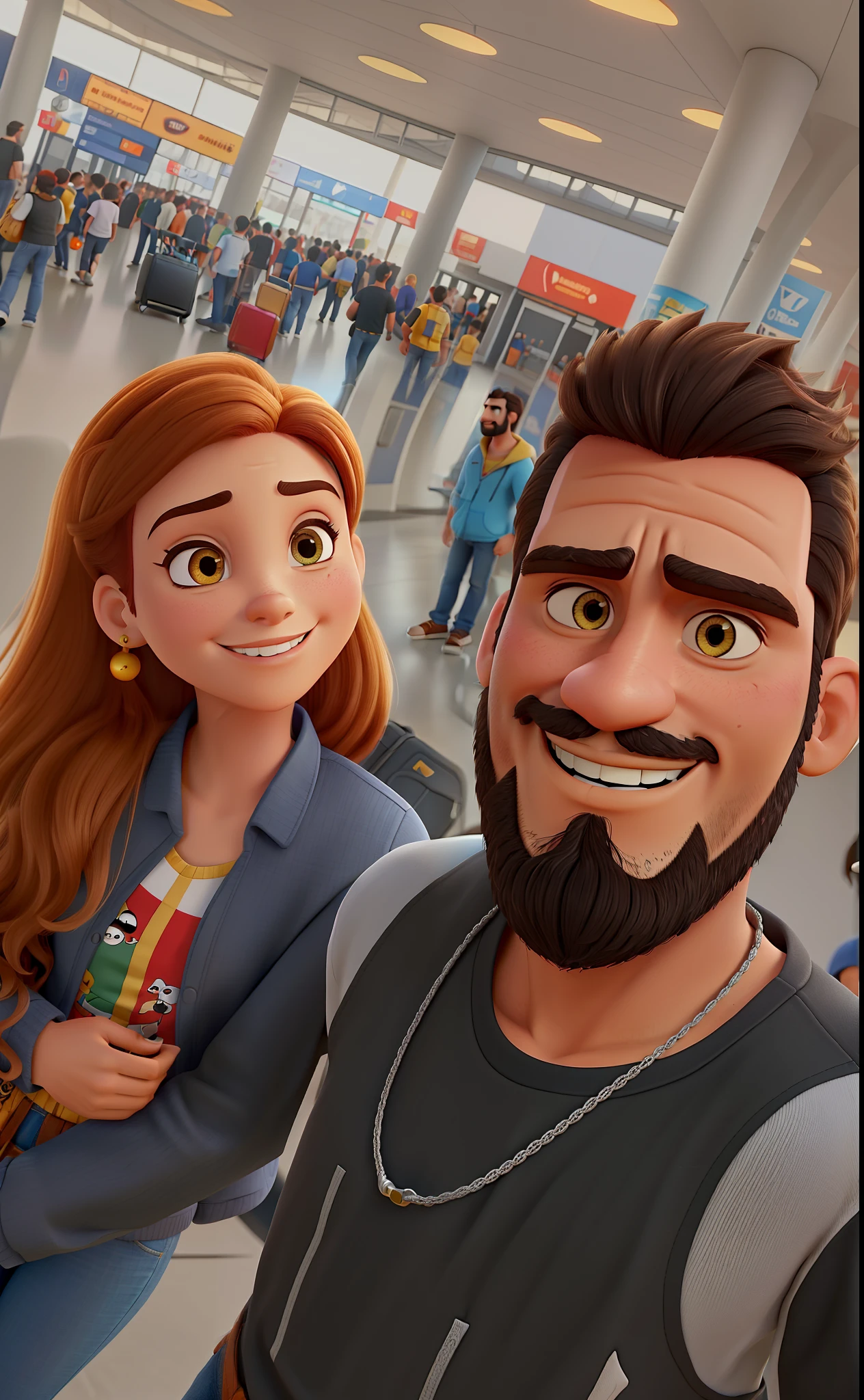 casal homem de barba e calo preto e mulher de cabelo laranja no estilo Disney Pixar, alta qualidade, melhor qualidade no aeroporto