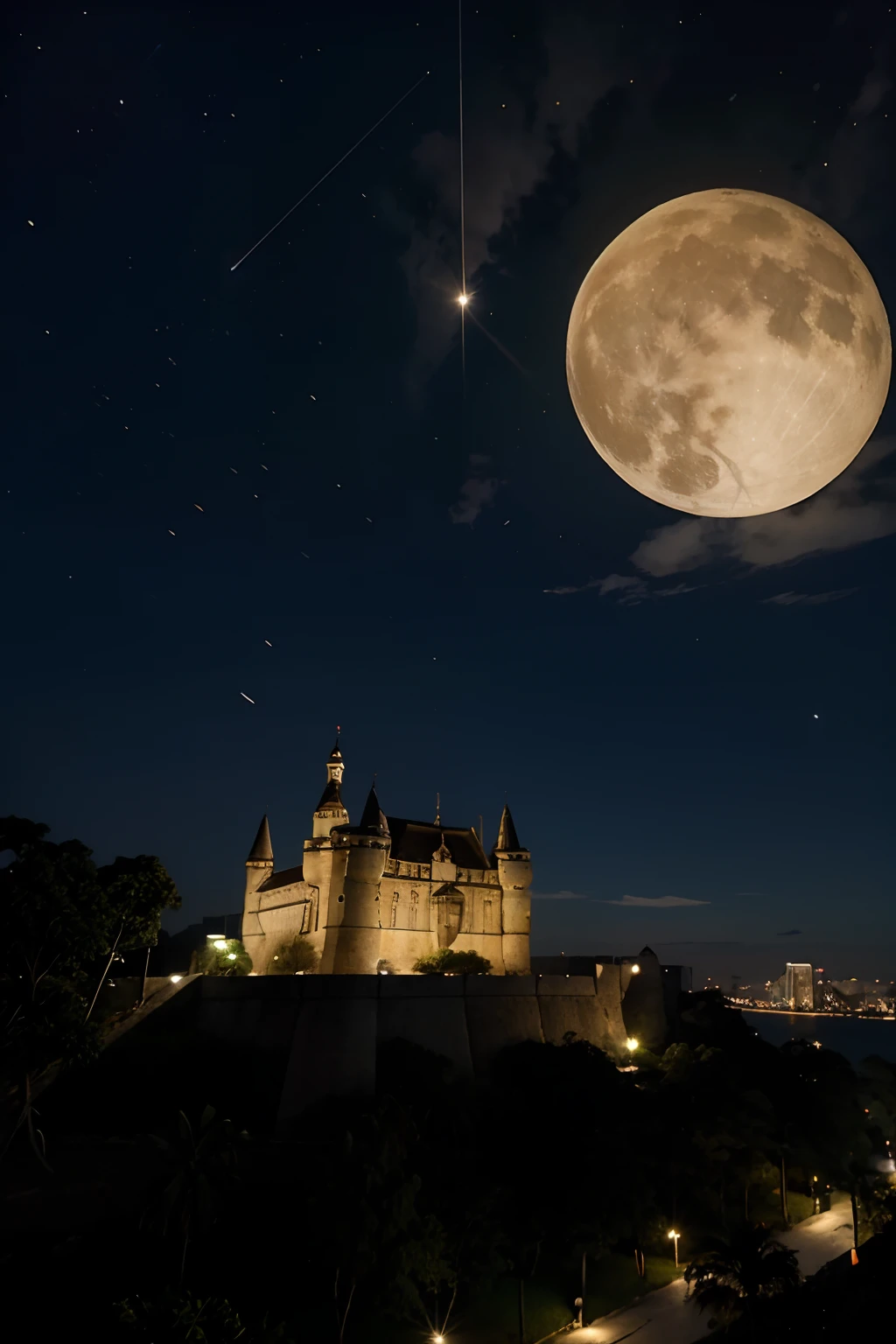 castelo em uma noite de lua cheia nublado